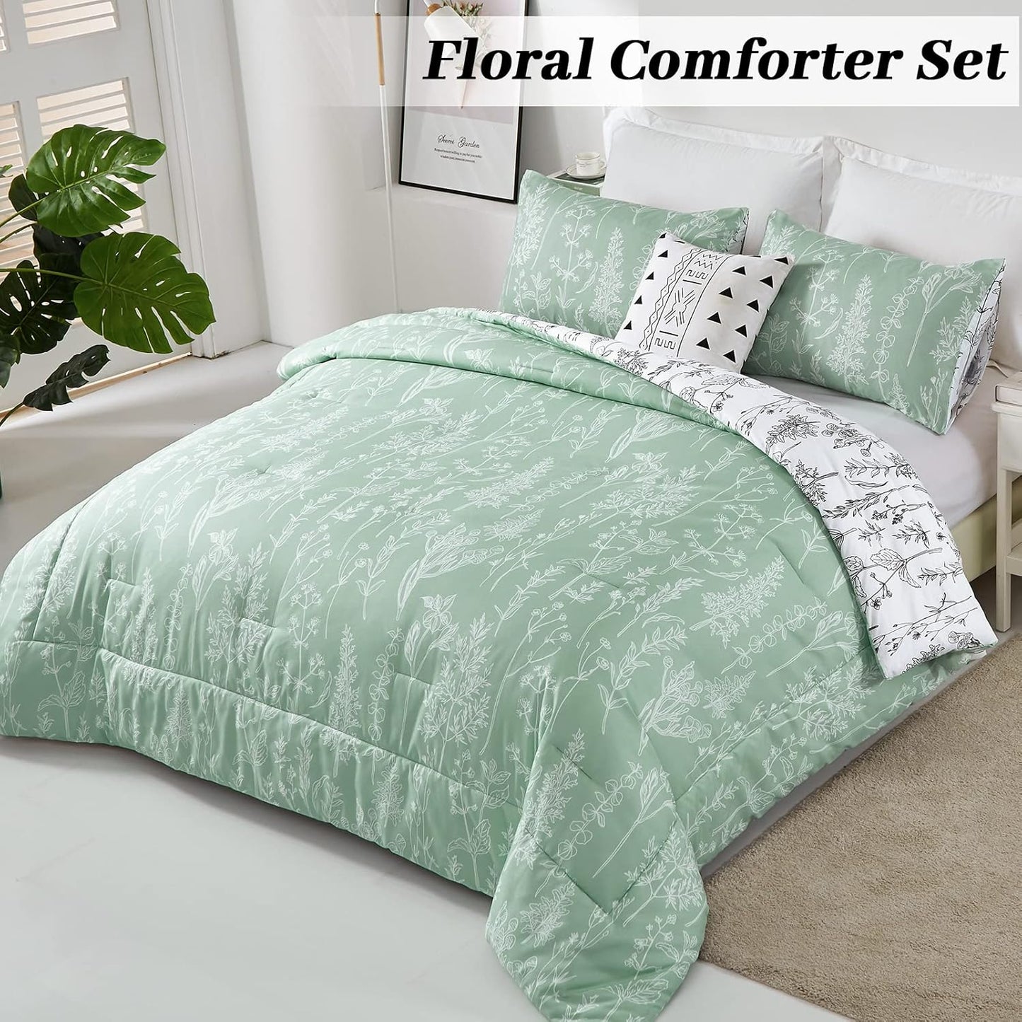 Comforter Set Floral King Size Green White Floral Pattern Reversible Bedding