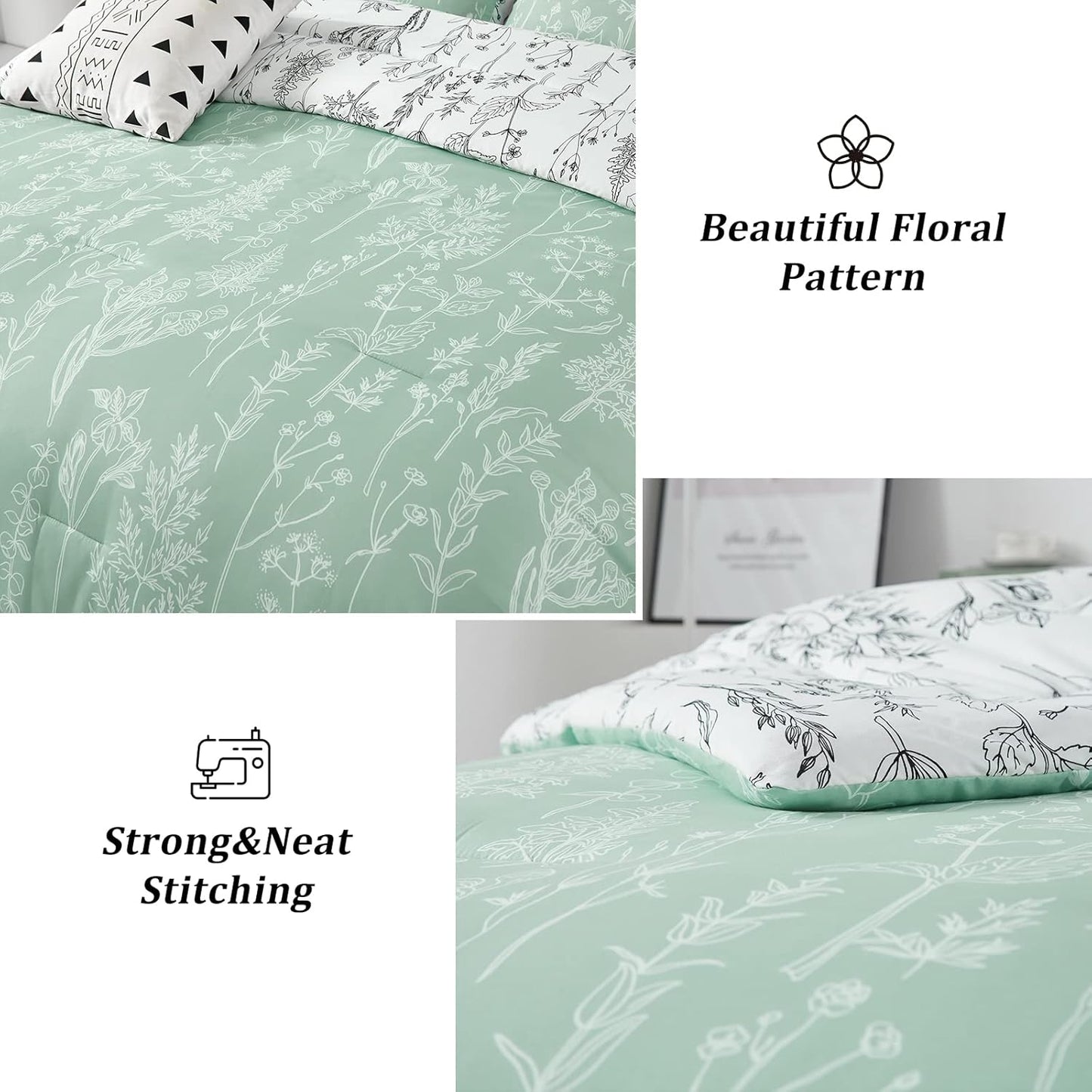 Comforter Set Floral King Size Green White Floral Pattern Reversible Bedding