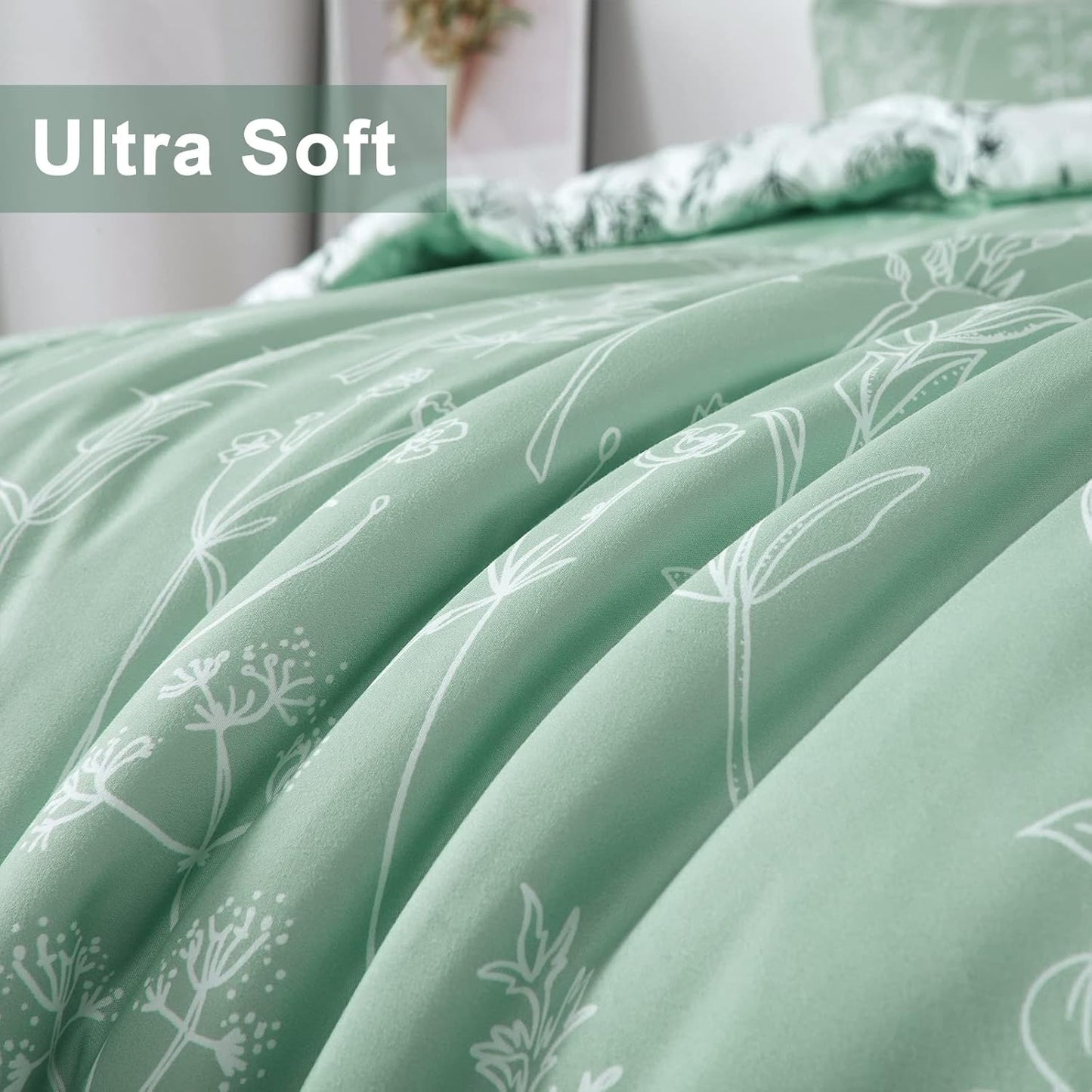 Comforter Set Floral King Size Green White Floral Pattern Reversible Bedding