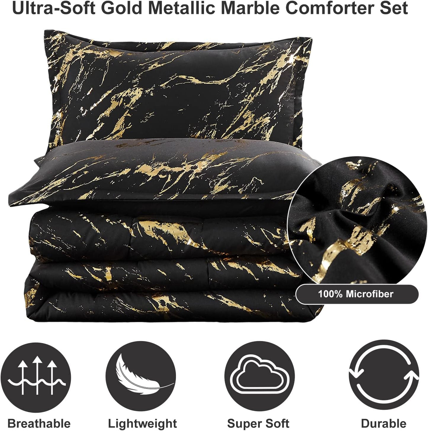 Black Gold Metallic Marble Comforter Set, Queen Size, Foil Print Glitter 3-Piece Bedding