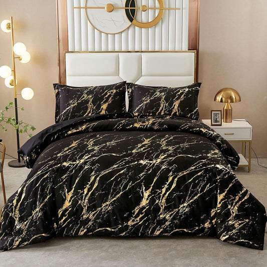 Black Gold Metallic Marble Comforter Set, King Size, Foil Print Glitter 3-Piece Bedding