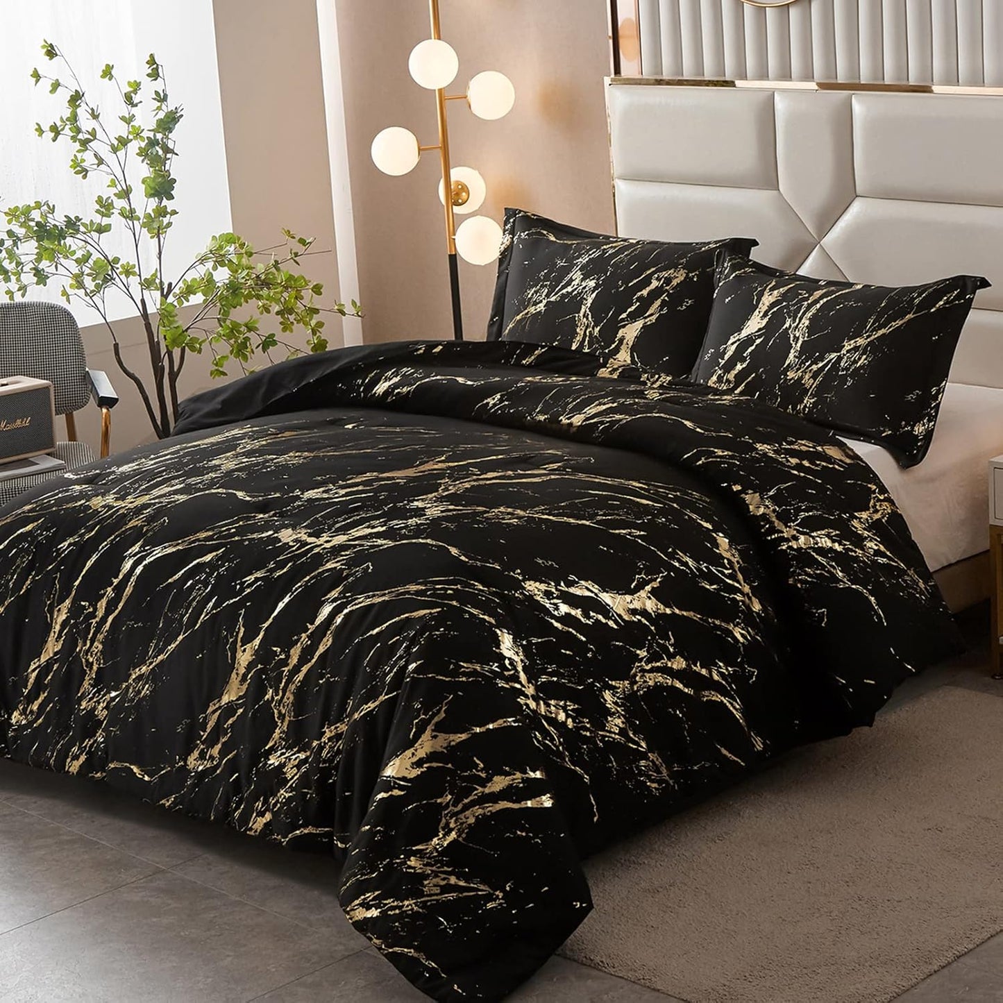 Comforter Set Black Gold Metallic Marble King Size Foil Print Glitter 3-Piece Bedding