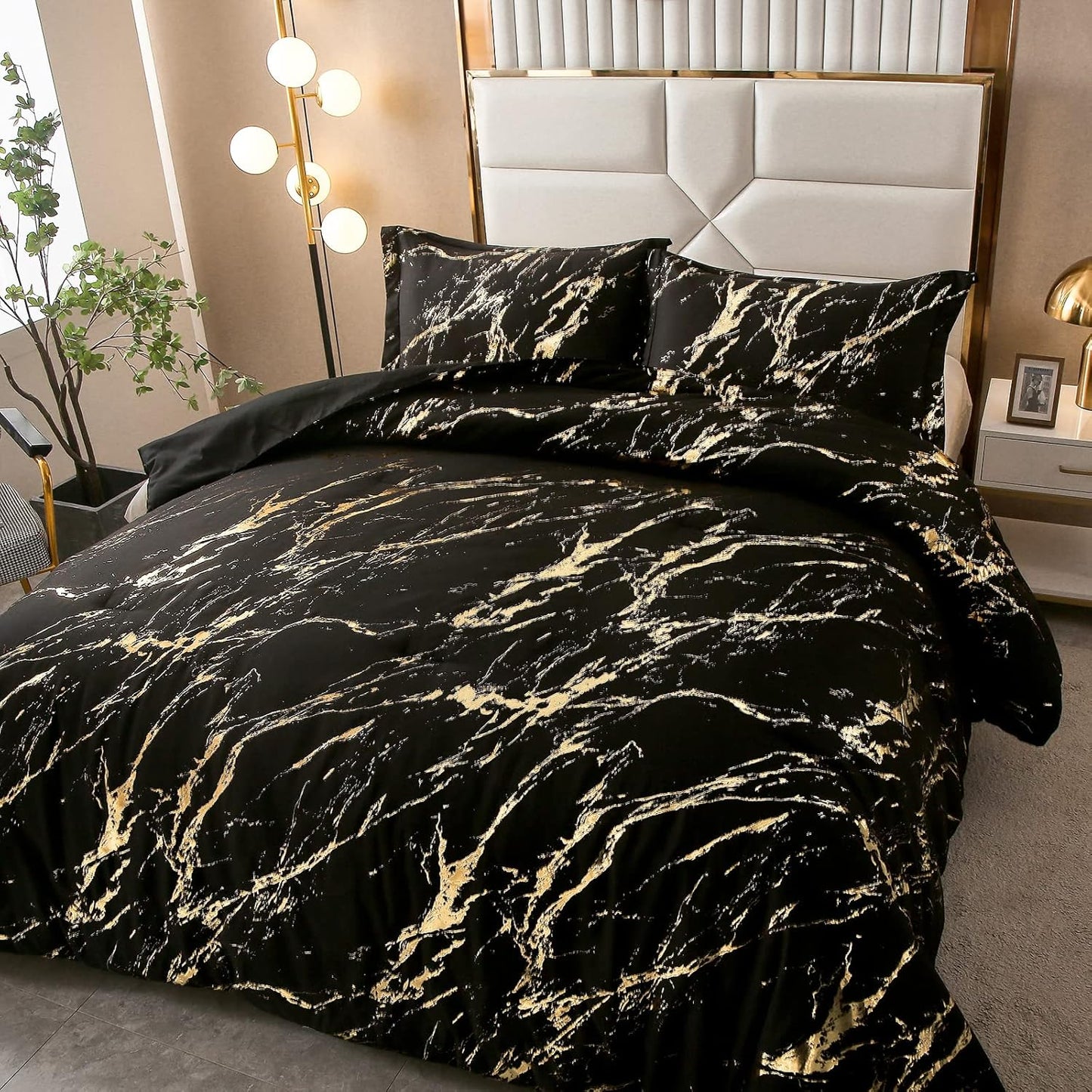 Comforter Set Black Gold Metallic Marble King Size Foil Print Glitter 3-Piece Bedding