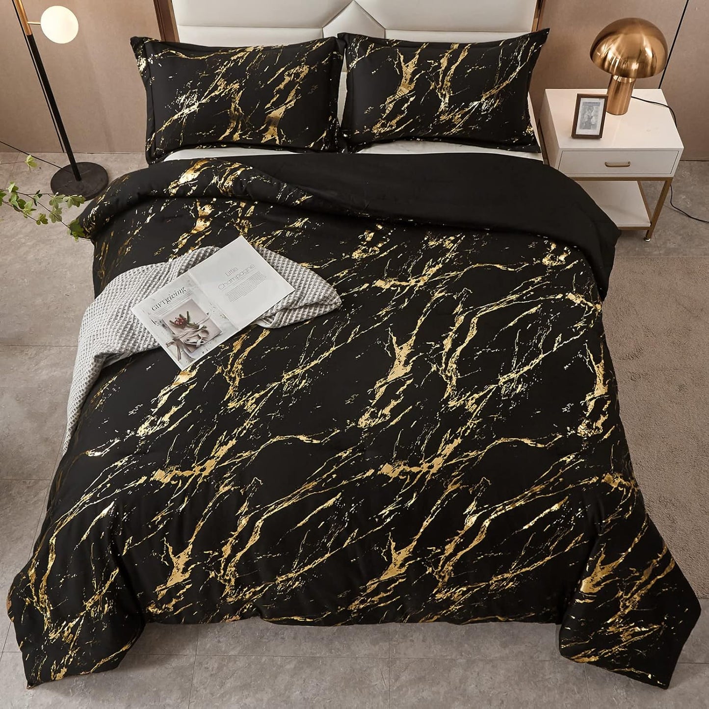 Black Gold Metallic Marble Comforter Set, King Size, Foil Print Glitter 3-Piece Bedding