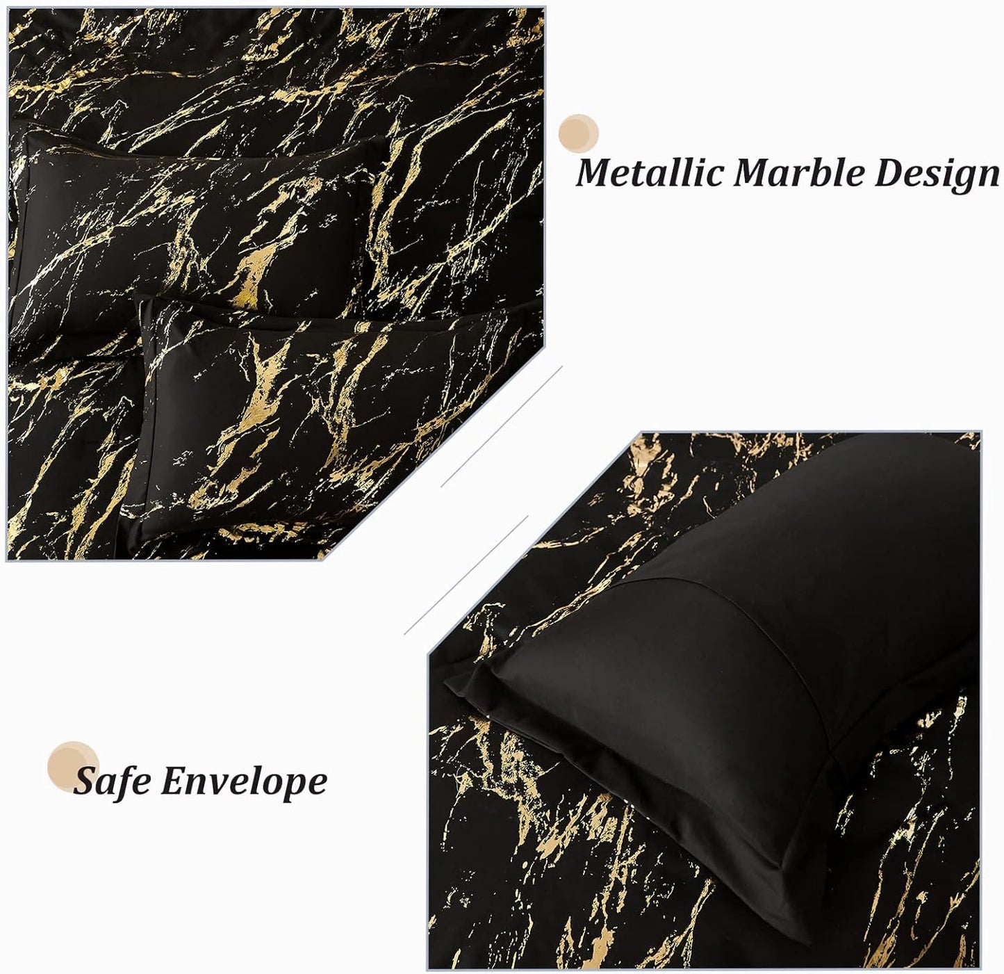 Comforter Set Black Gold Metallic Marble King Size Foil Print Glitter 3-Piece Bedding