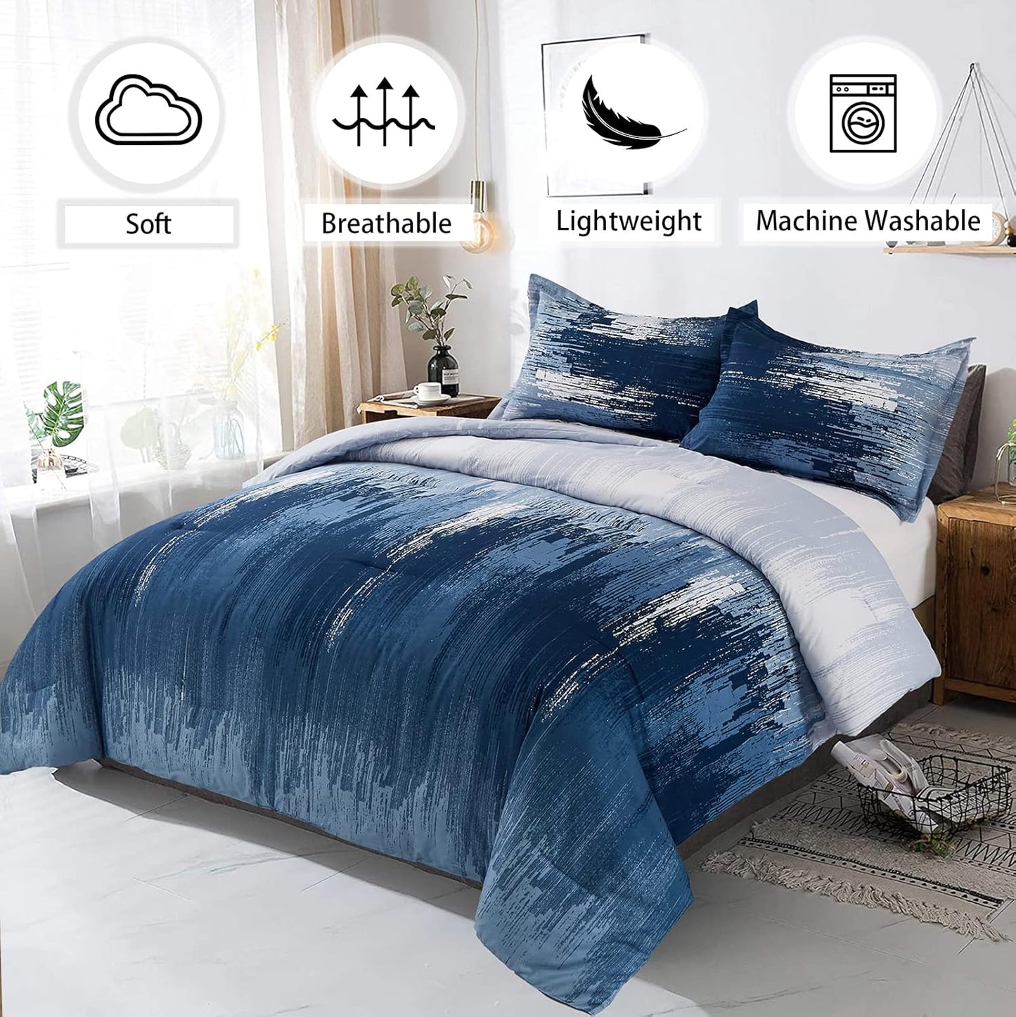 Ombre Blue Comforter Set, King Size, Gradient Blue Grey 3-Piece Boho Bedding