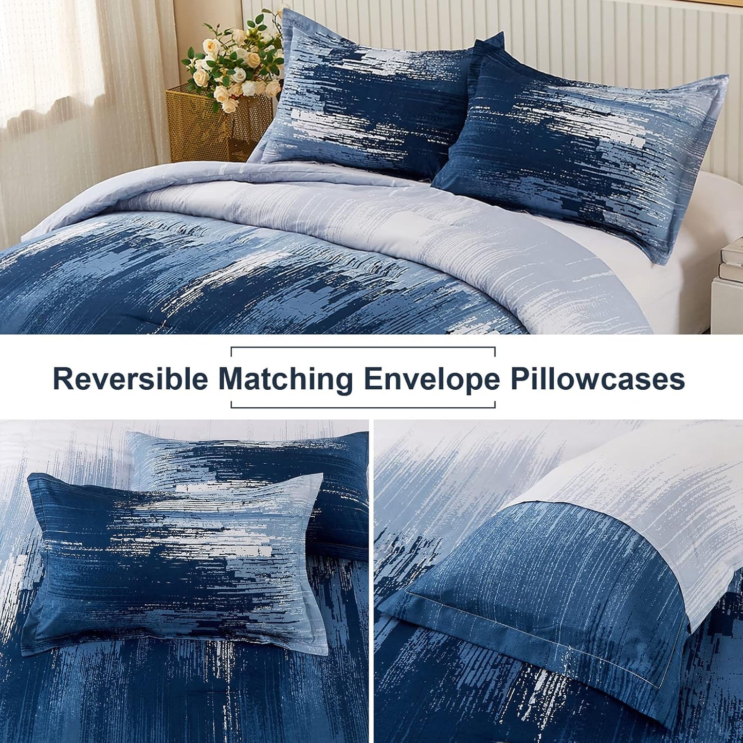 Comforter Set Ombre Blue King Size Gradient Blue Grey 3-Piece Boho Bedding