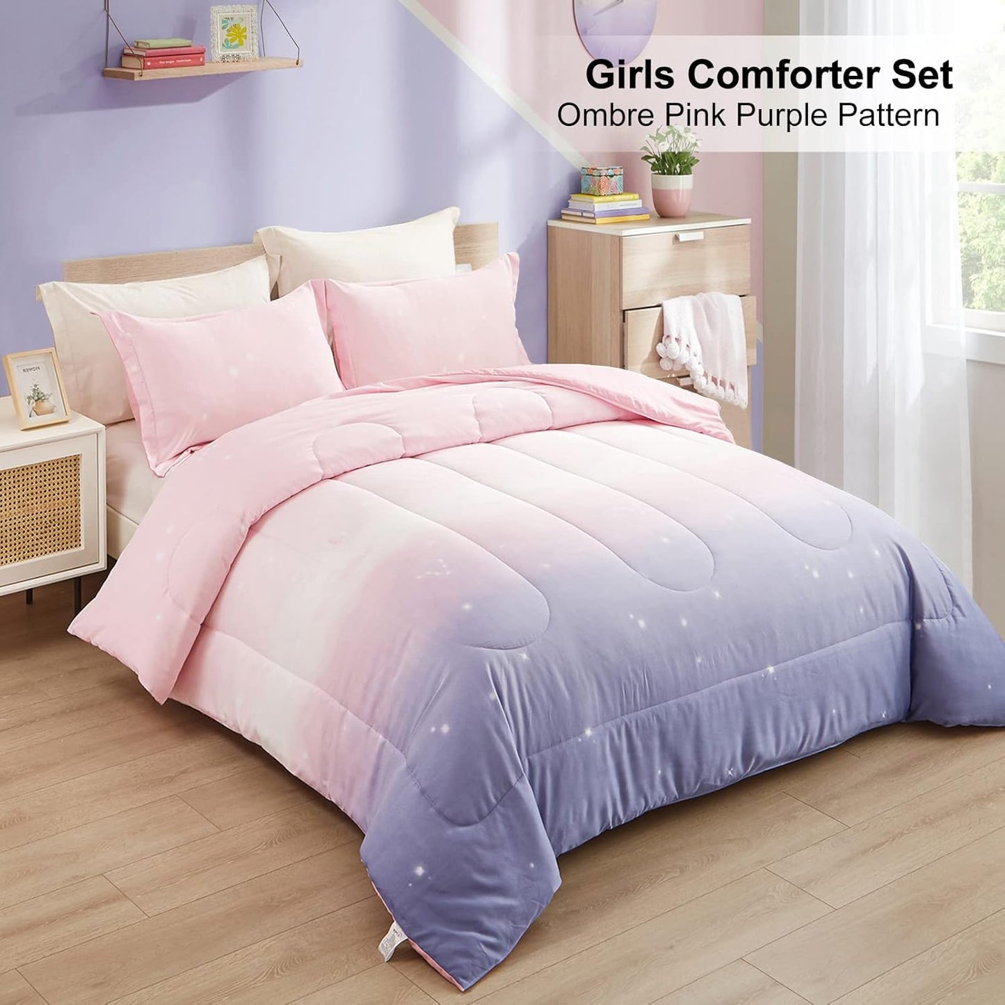 Comforter Set Girls King Size Ombre Pink Purple Rainbow 3-Piece Bedding Collection