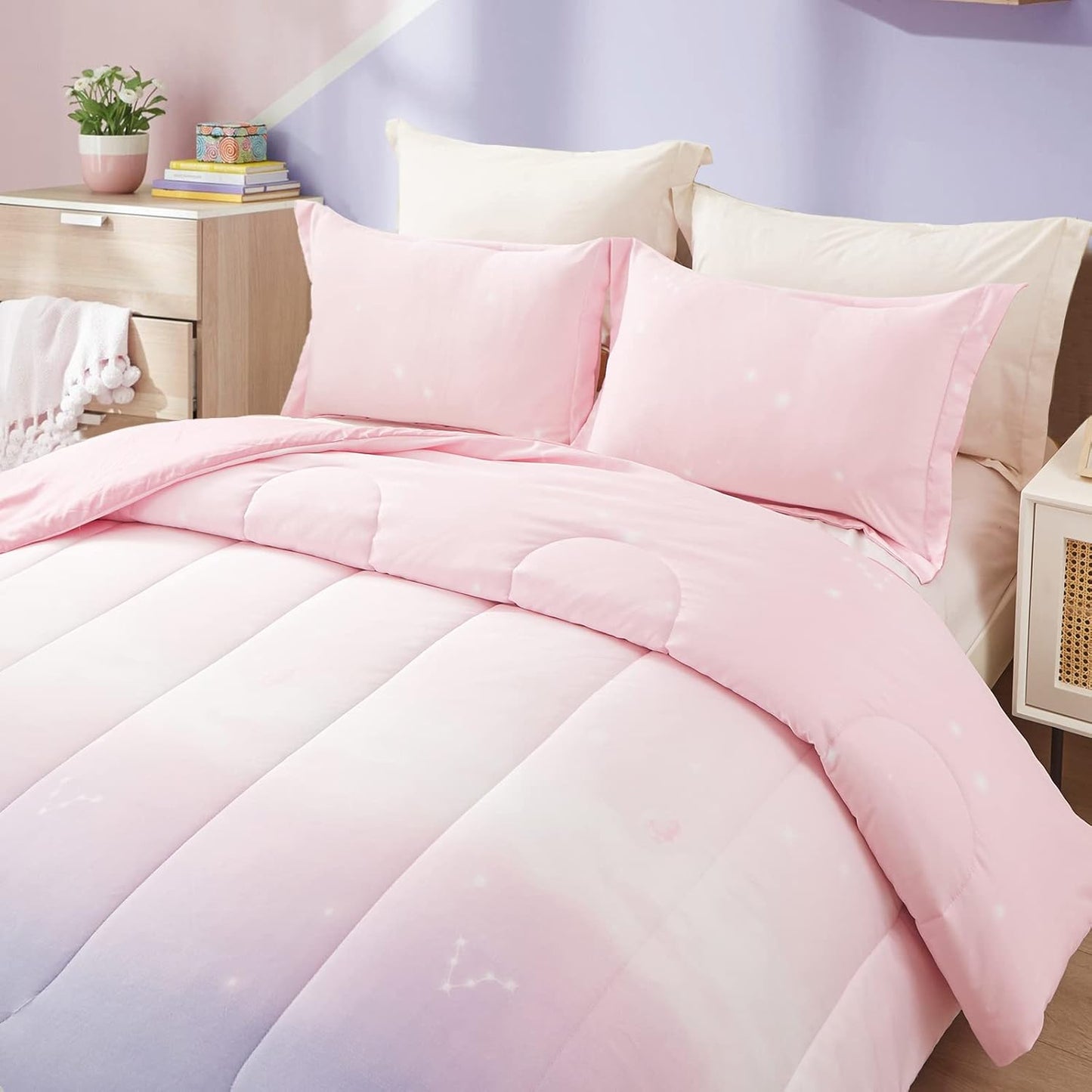 Comforter Set Girls King Size Ombre Pink Purple Rainbow 3-Piece Bedding Collection