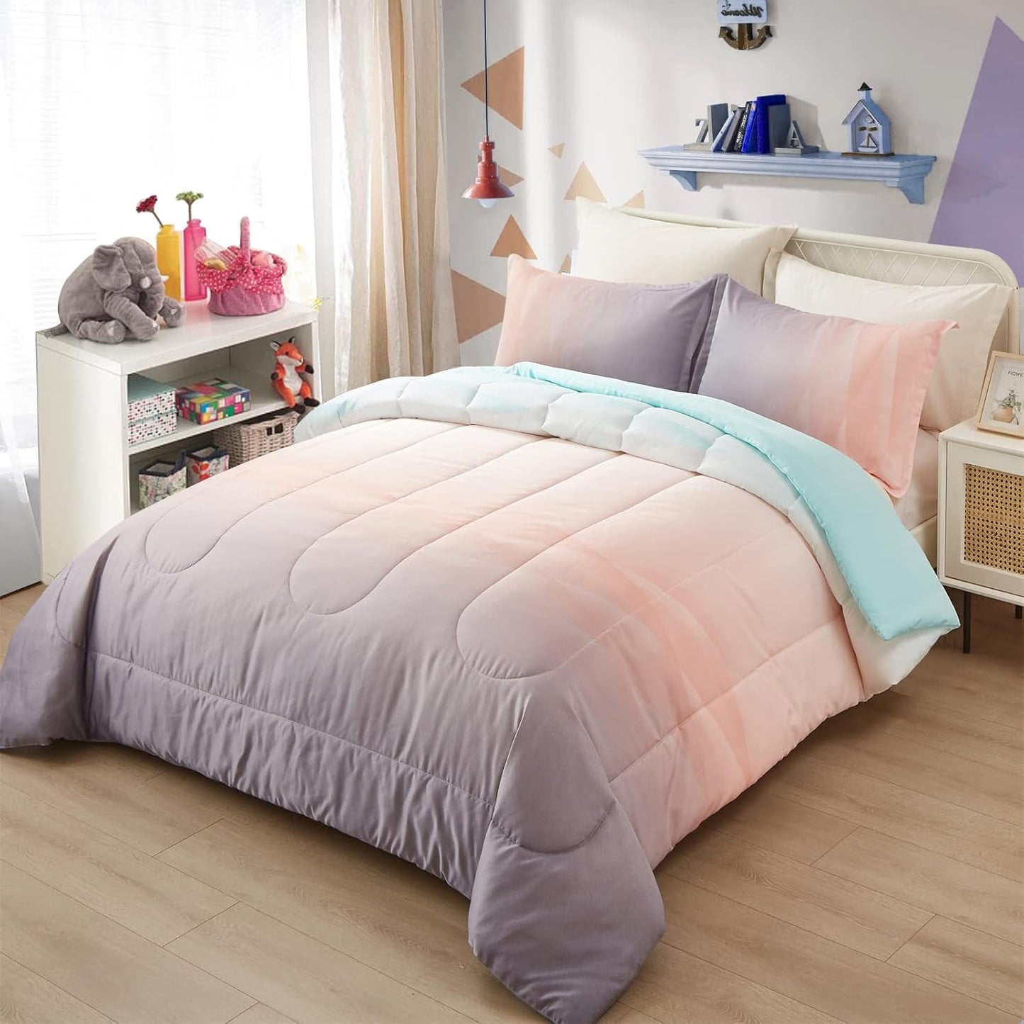 Comforter Set Girls King Size Ombre Blue Pink Rainbow 3-Piece Bedding Collection