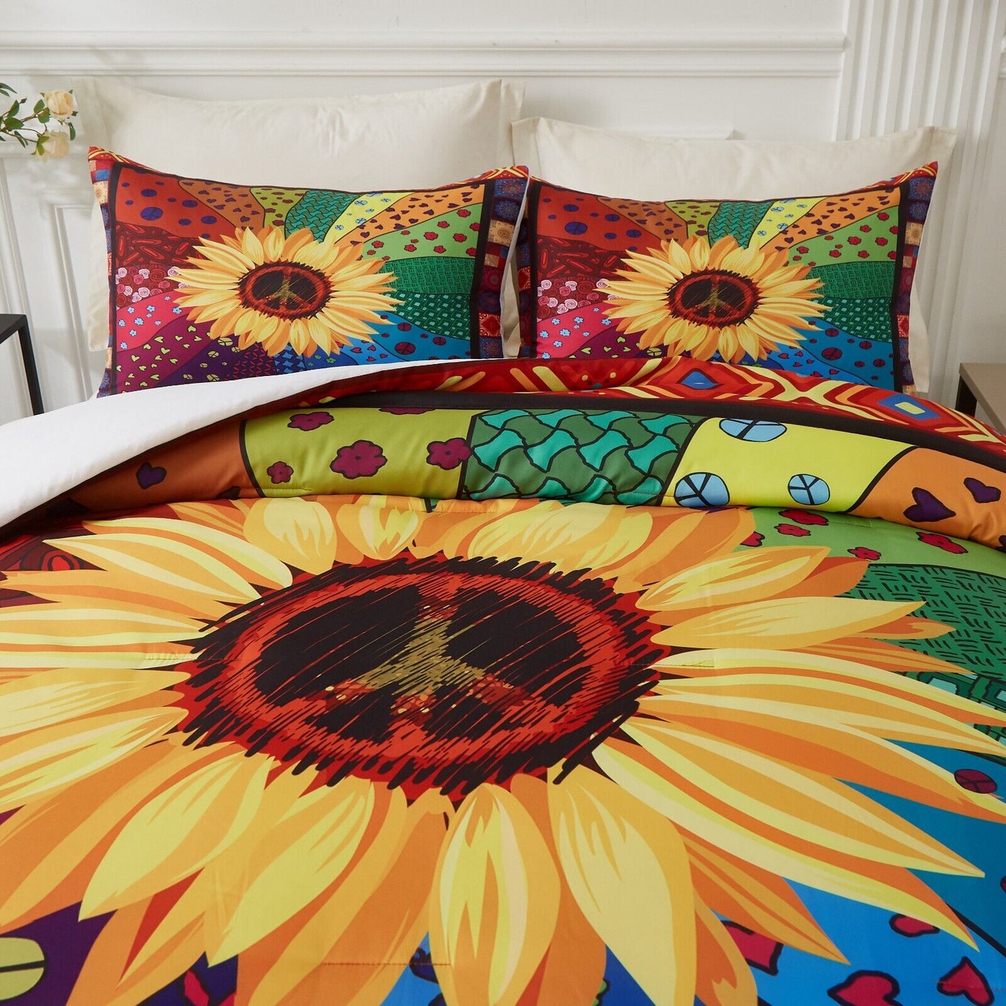 Comforter Set Floral Sunflower King Size Quilted Bedding with Pillowcases