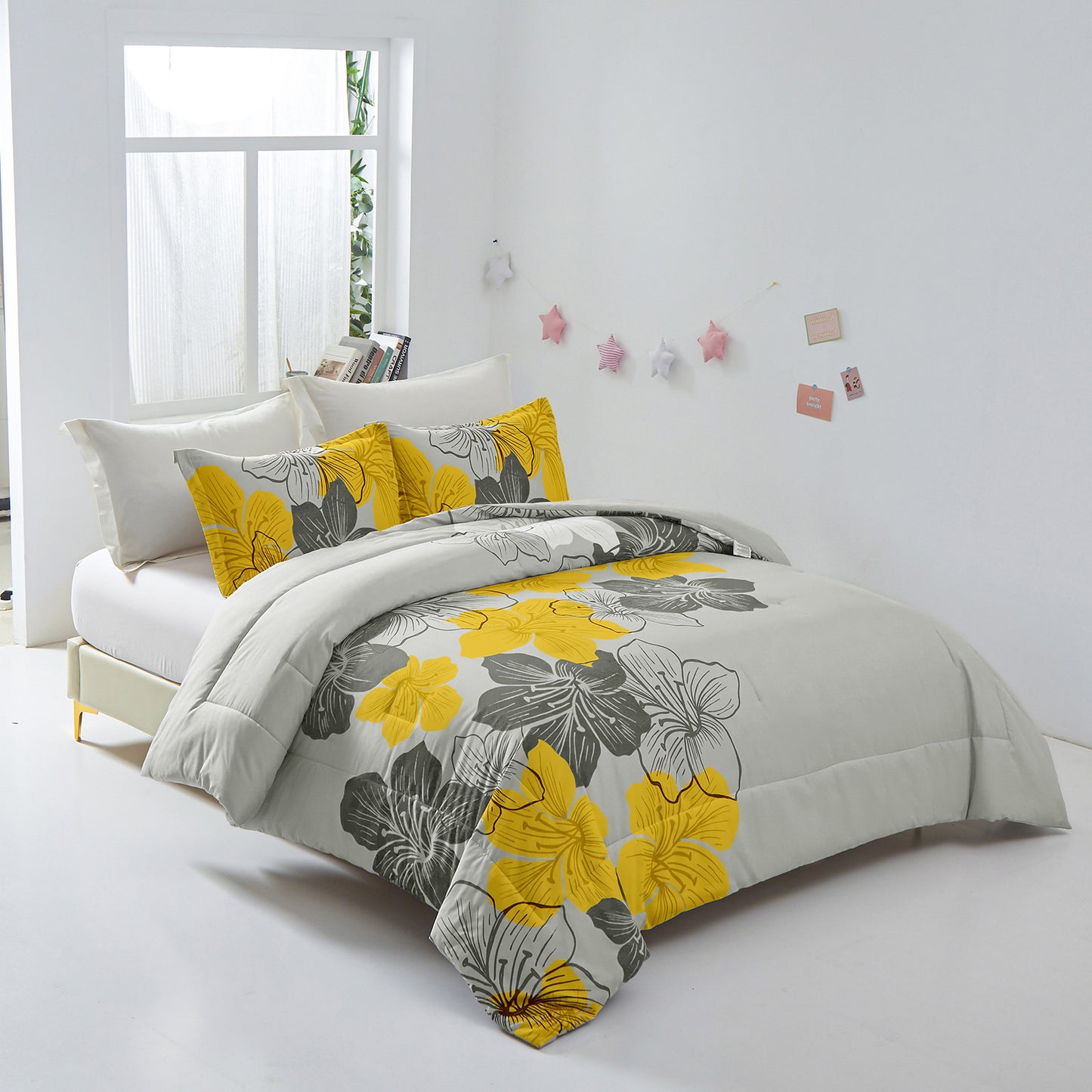 Comforter Set Floral King Size Yellow 3-Piece Bedding Lightweight Microfiber