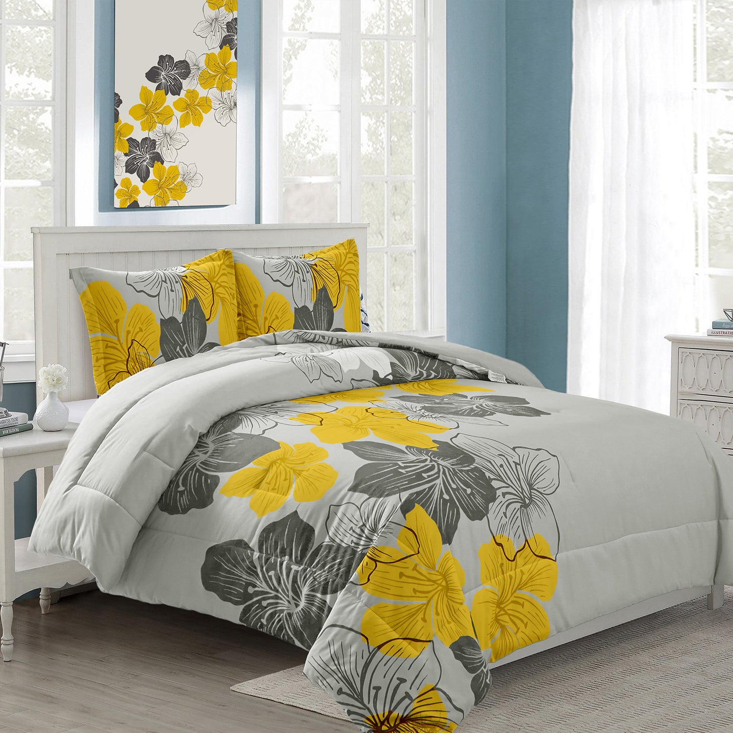 Comforter Set Floral King Size Yellow 3-Piece Bedding Lightweight Microfiber