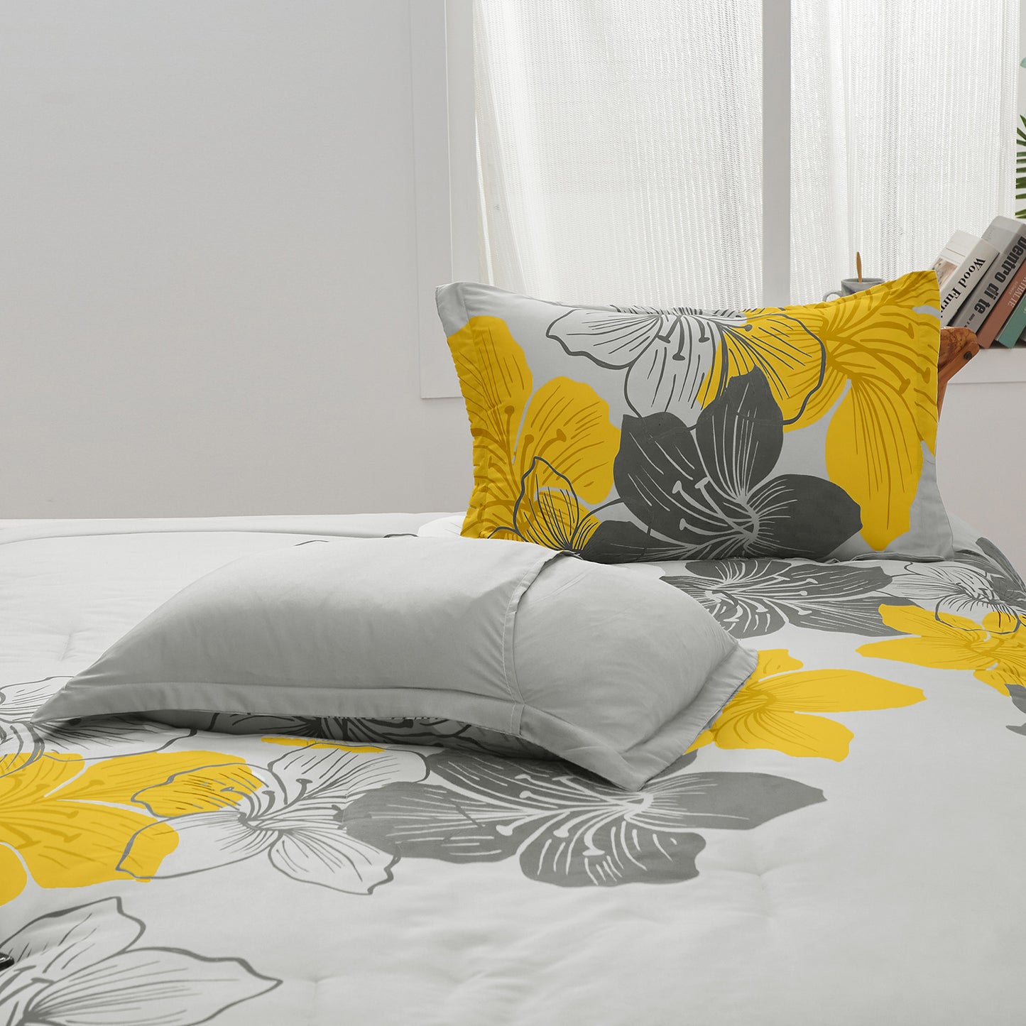 Comforter Set Floral King Size Yellow 3-Piece Bedding Lightweight Microfiber