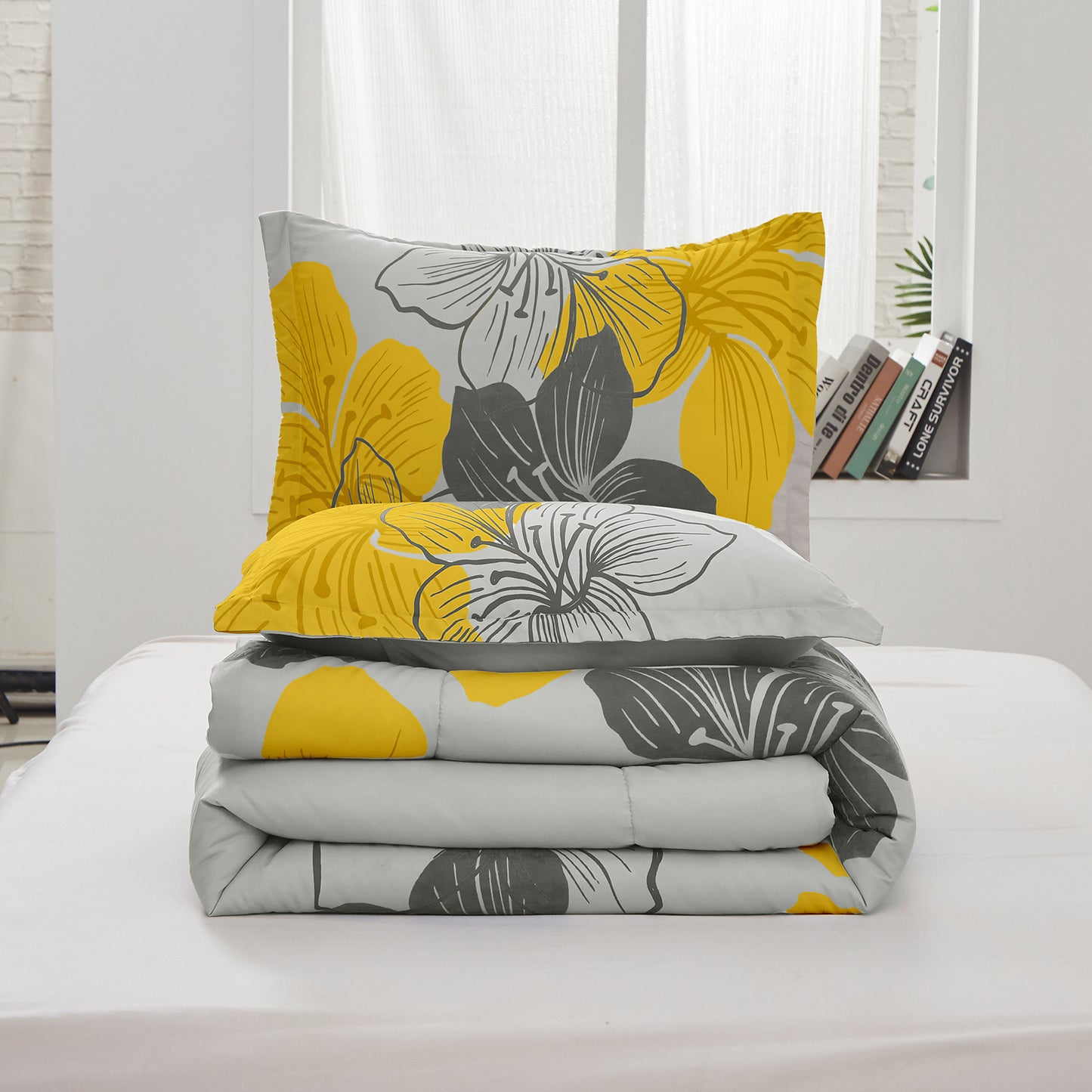 Comforter Set Floral King Size Yellow 3-Piece Bedding Lightweight Microfiber