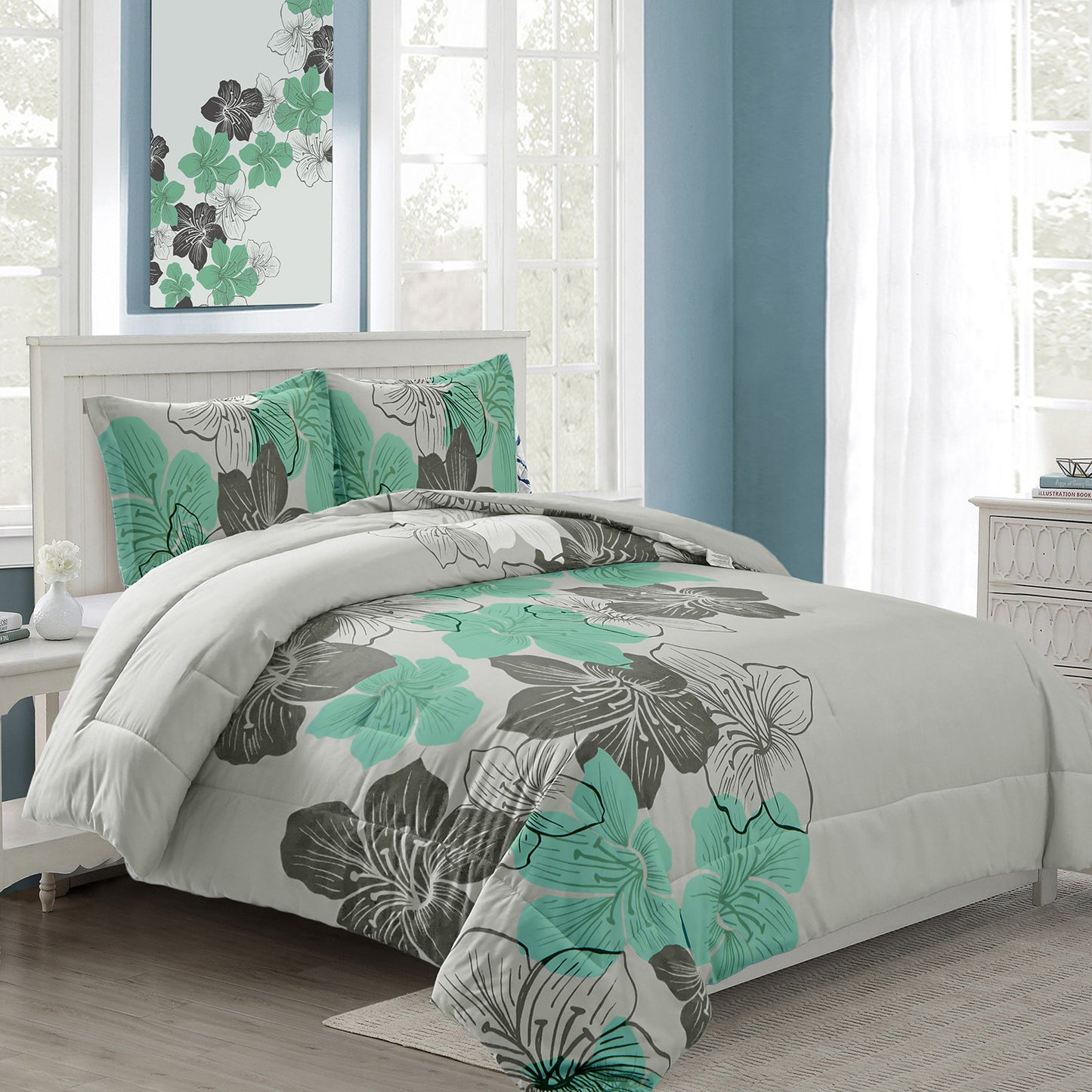 King Size Floral Comforter Set 3-Piece Green Floral Lightweight Microfiber Bedding