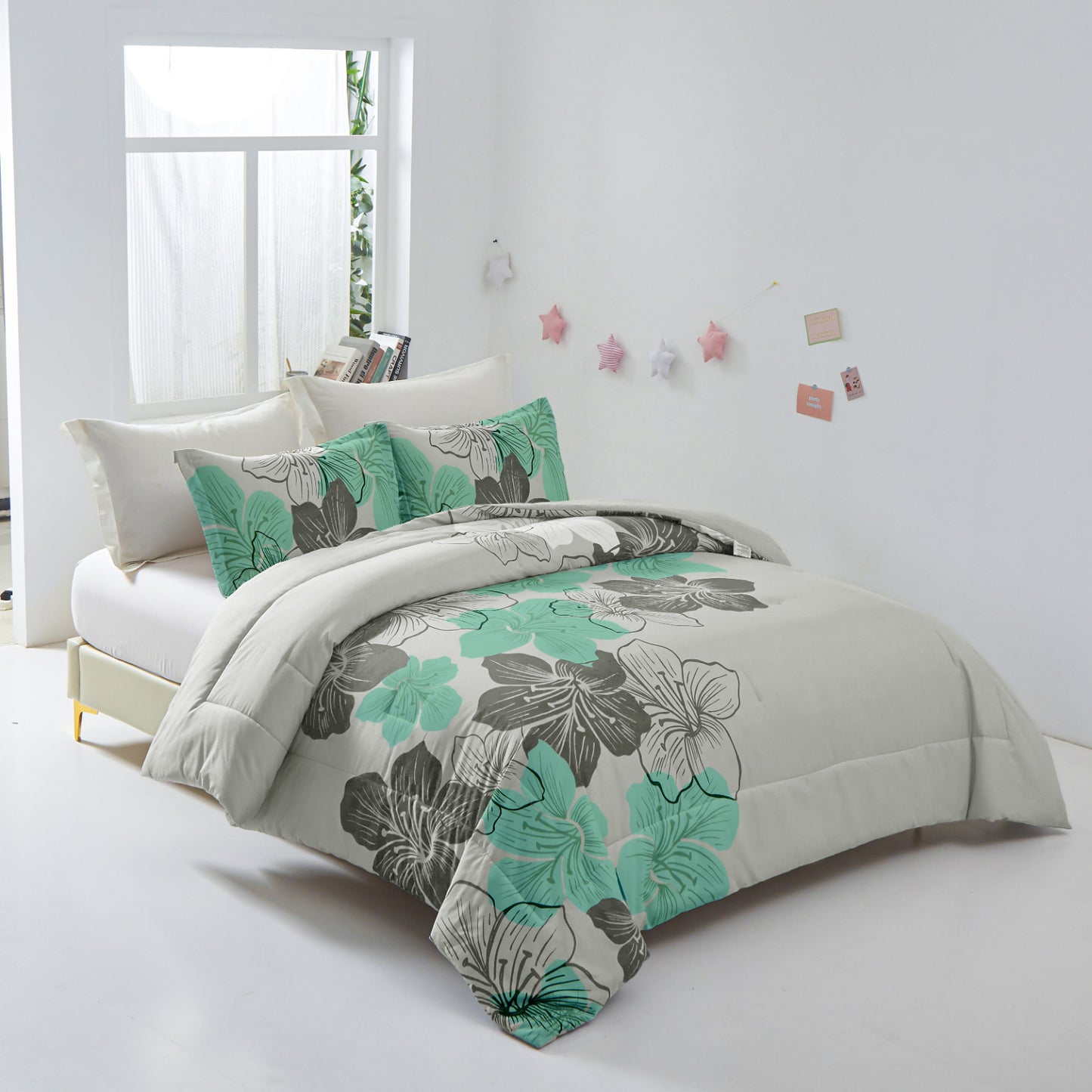 King Size Floral Comforter Set 3-Piece Green Floral Lightweight Microfiber Bedding