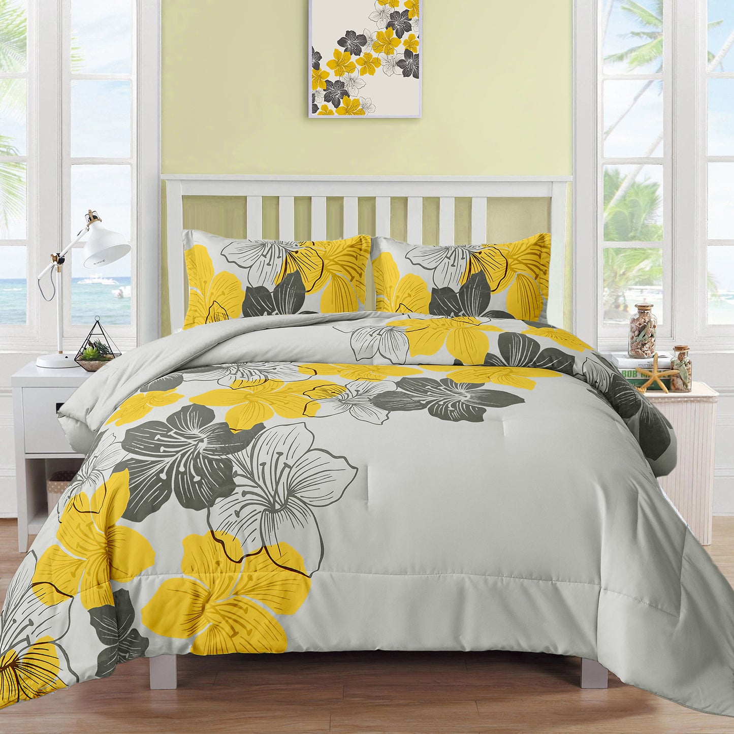 Floral Comforter Set, King Size, Blue Floral 3-Piece Bedding, Soft Microfiber for All Seasons