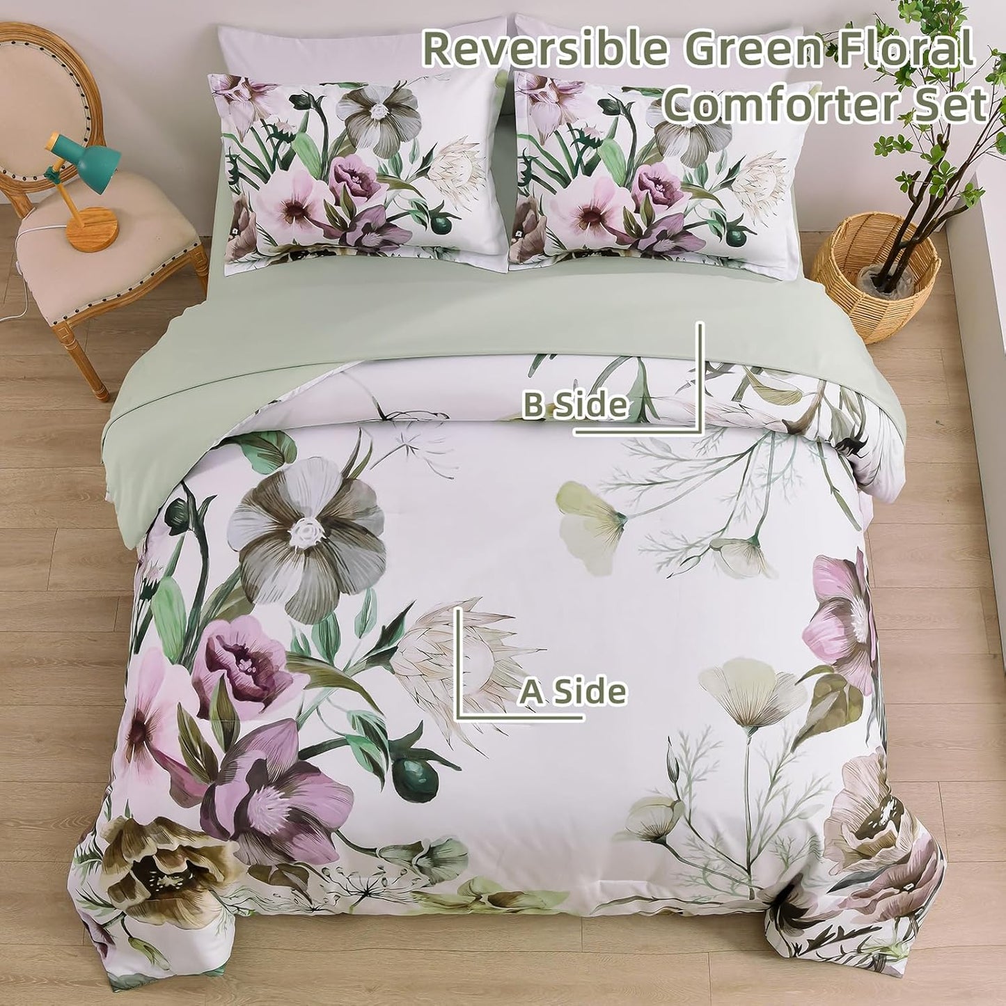 King Size Floral Comforter Set 3-Piece Green Floral Soft Microfiber Bedding for All Seasons