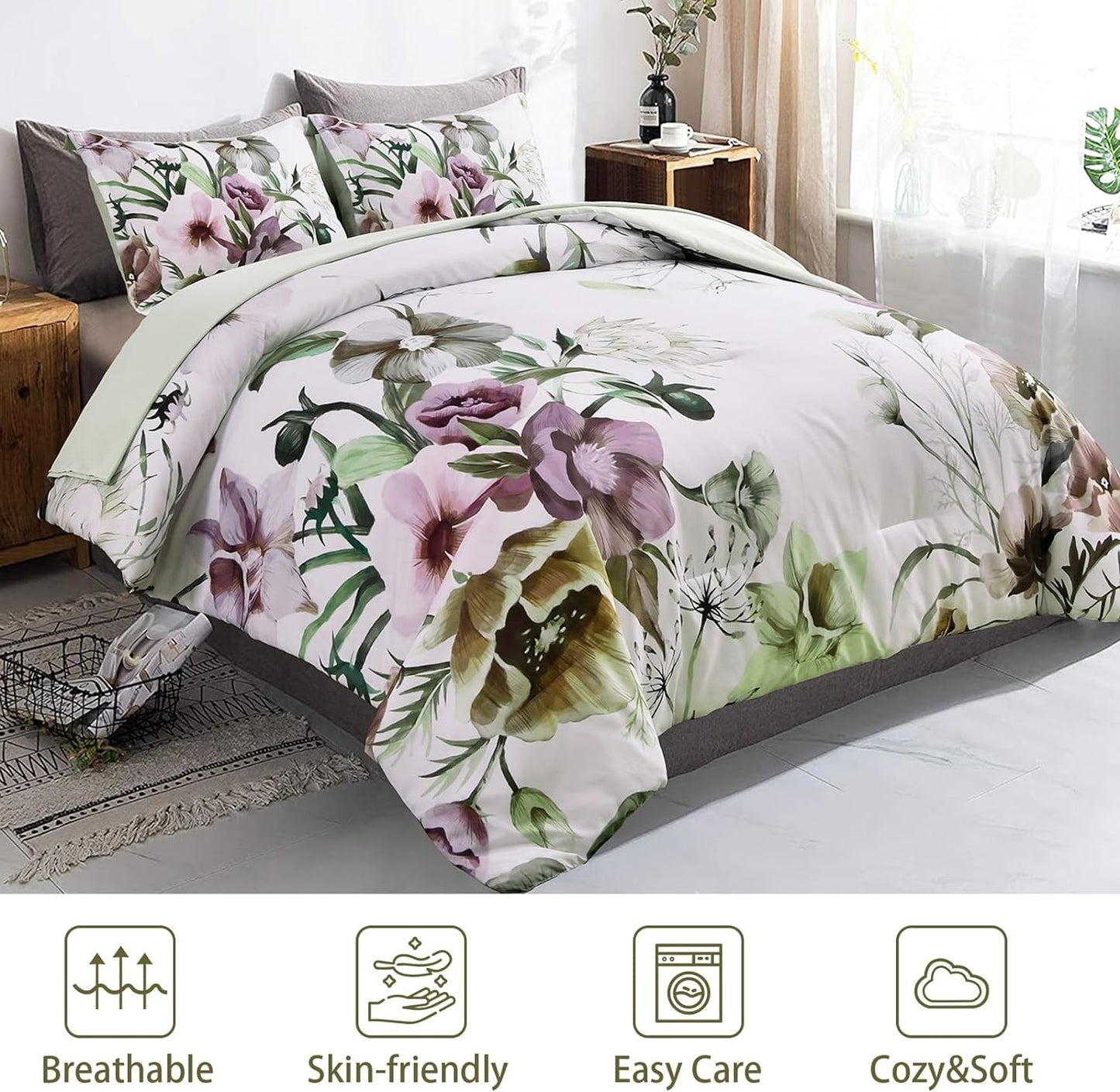 Floral Comforter Set, King Size, Green Floral 3-Piece Bedding, Soft Microfiber for All Seasons