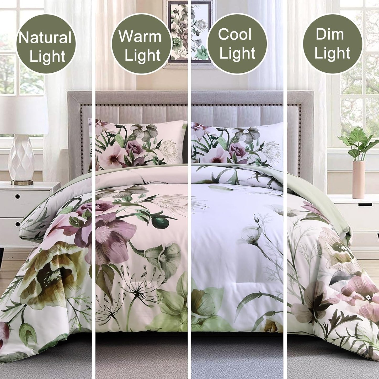 King Size Floral Comforter Set 3-Piece Green Floral Soft Microfiber Bedding for All Seasons