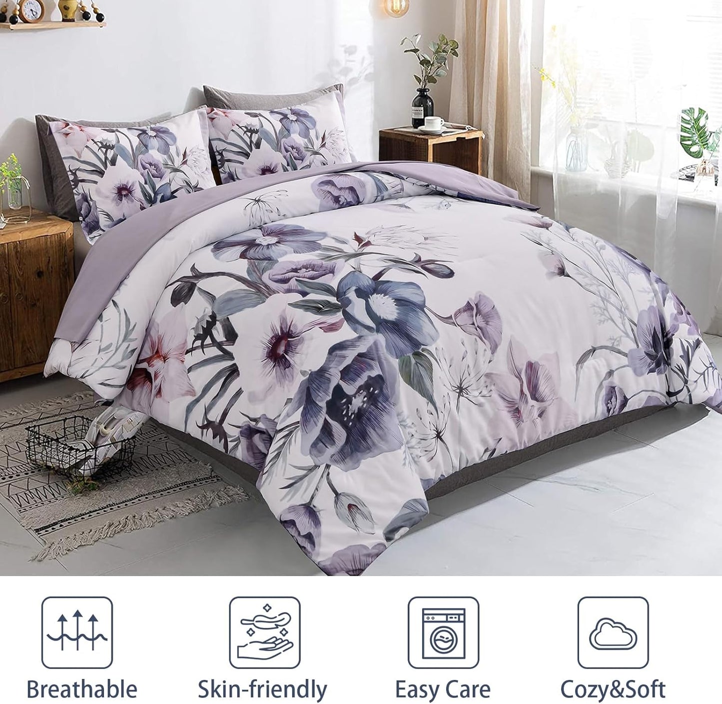 Floral Comforter Set, King Size, Purple Floral 3-Piece Bedding, Soft Microfiber for All Seasons