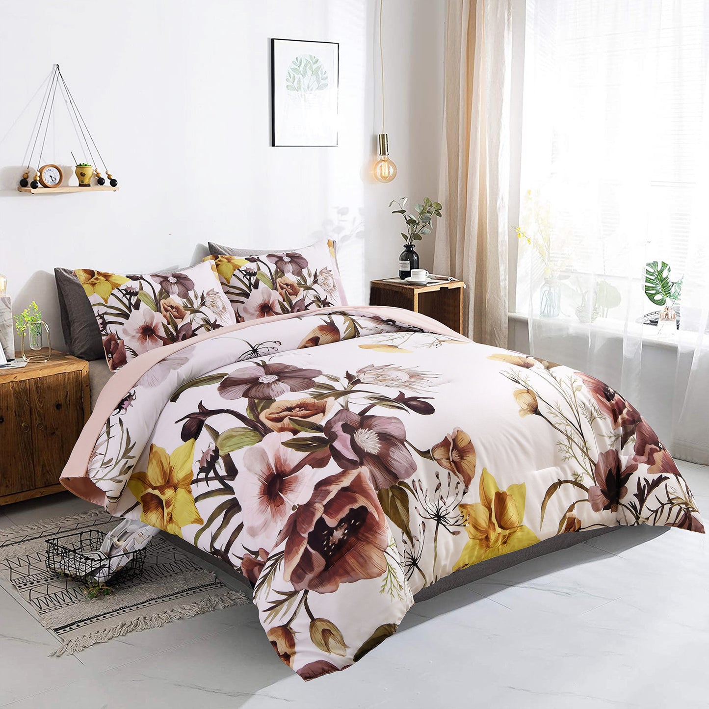 King Size Floral Comforter Set 3-Piece Blush Floral Soft Microfiber Bedding for All Seasons