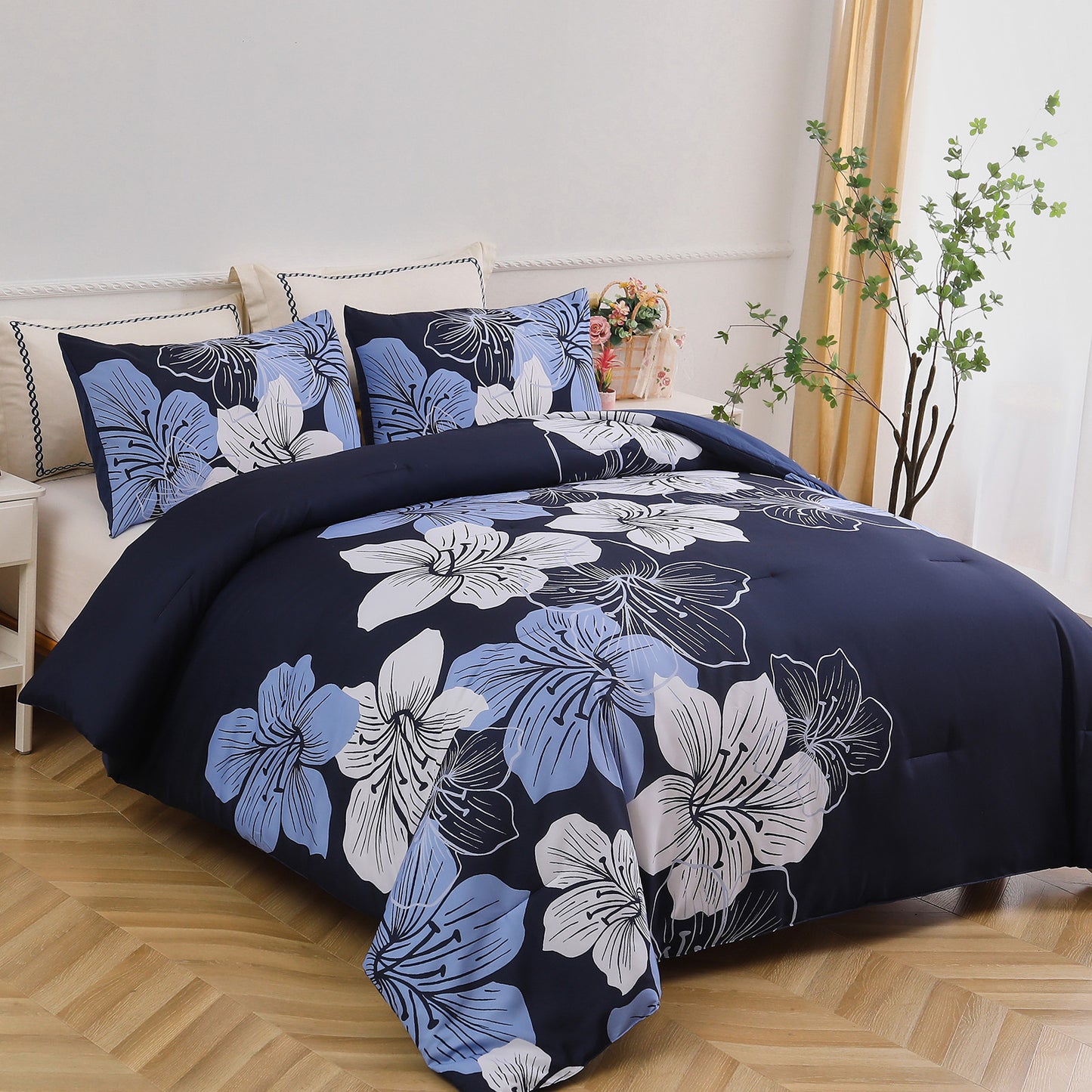 King Comforter Set, Navy Blue Floral 3-Piece Bedding, Soft Microfiber for All Seasons