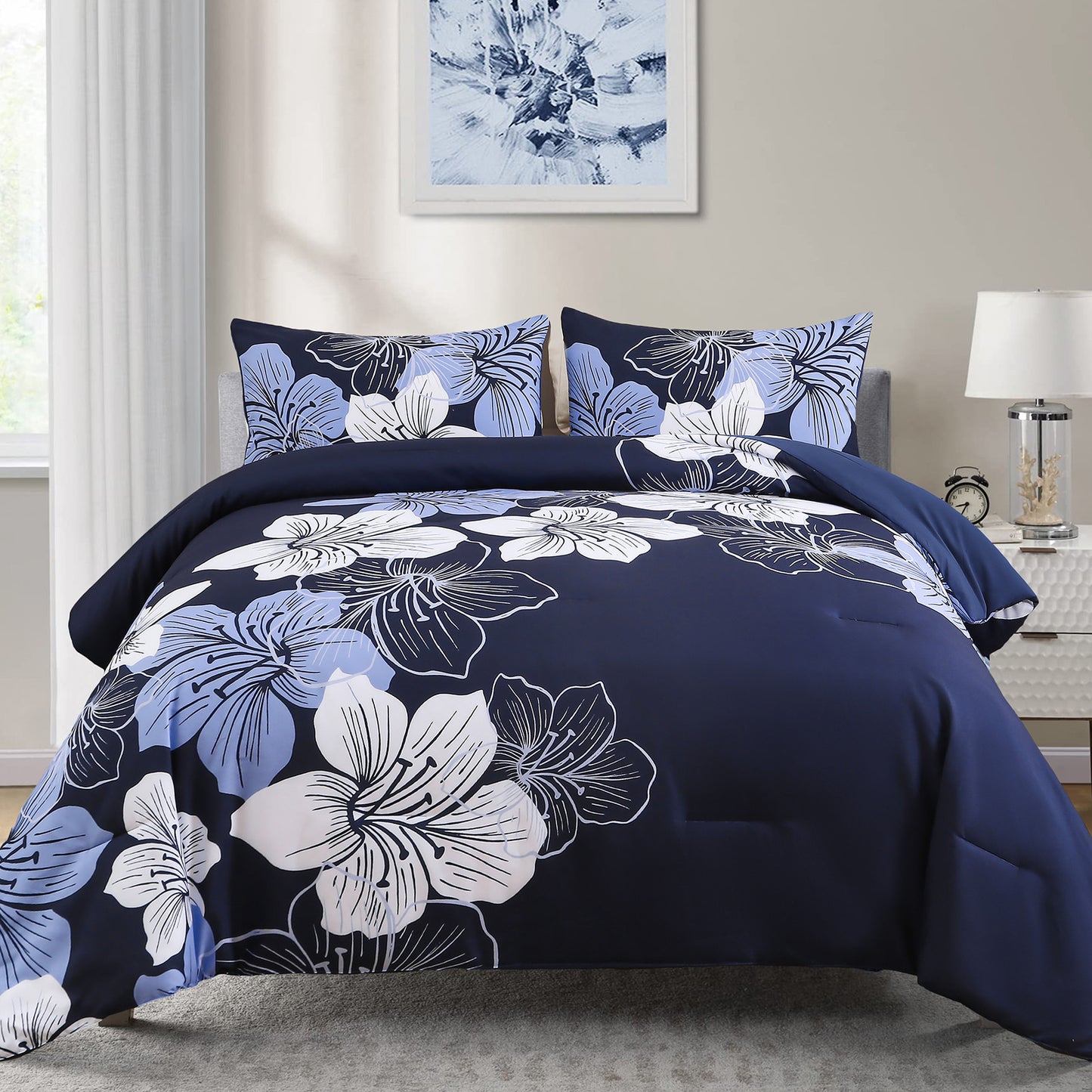 King Comforter Set 3-Piece Navy Blue Floral Soft Microfiber Bedding for All Seasons