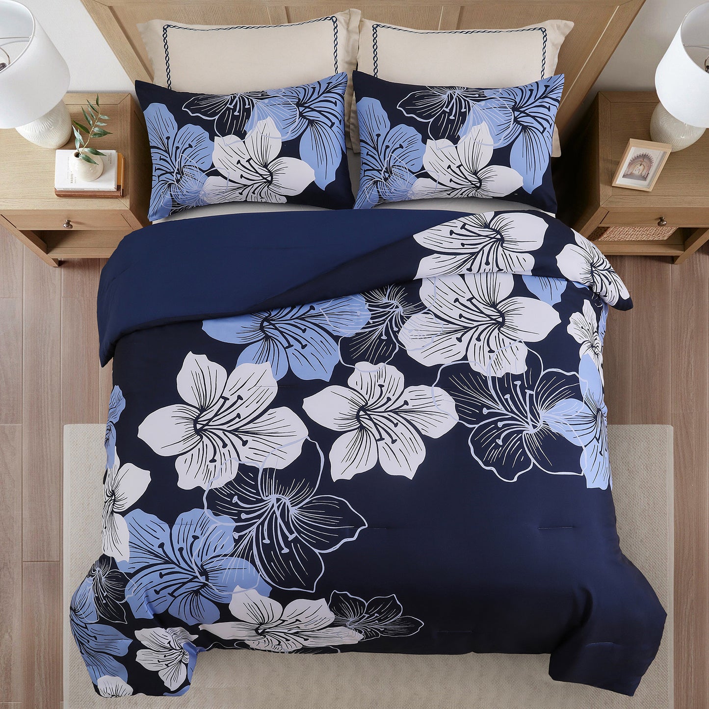 King Comforter Set, Navy Blue Floral 3-Piece Bedding, Soft Microfiber for All Seasons