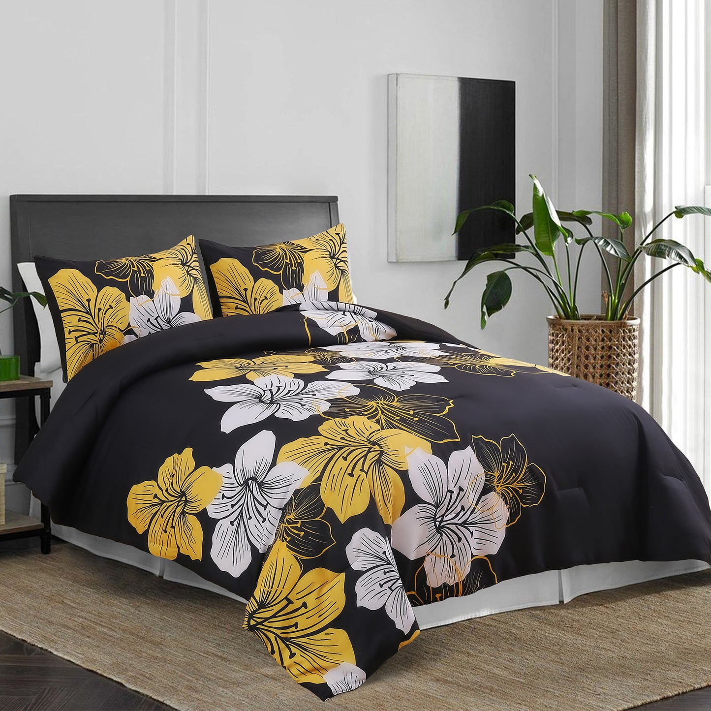 King Comforter Set 3-Piece Black Gold Floral Soft Microfiber Bedding for All Seasons