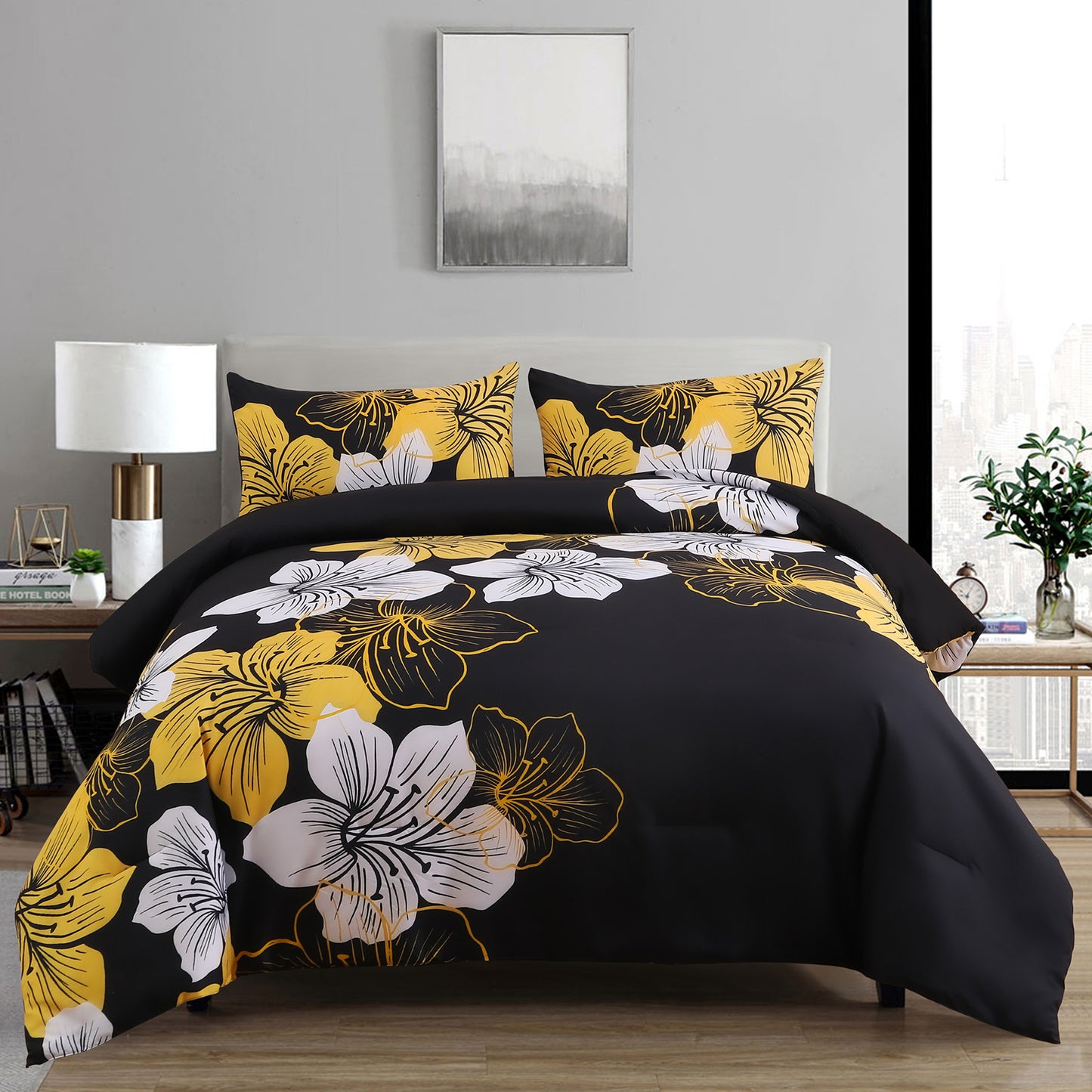 King Comforter Set 3-Piece Black Gold Floral Soft Microfiber Bedding for All Seasons