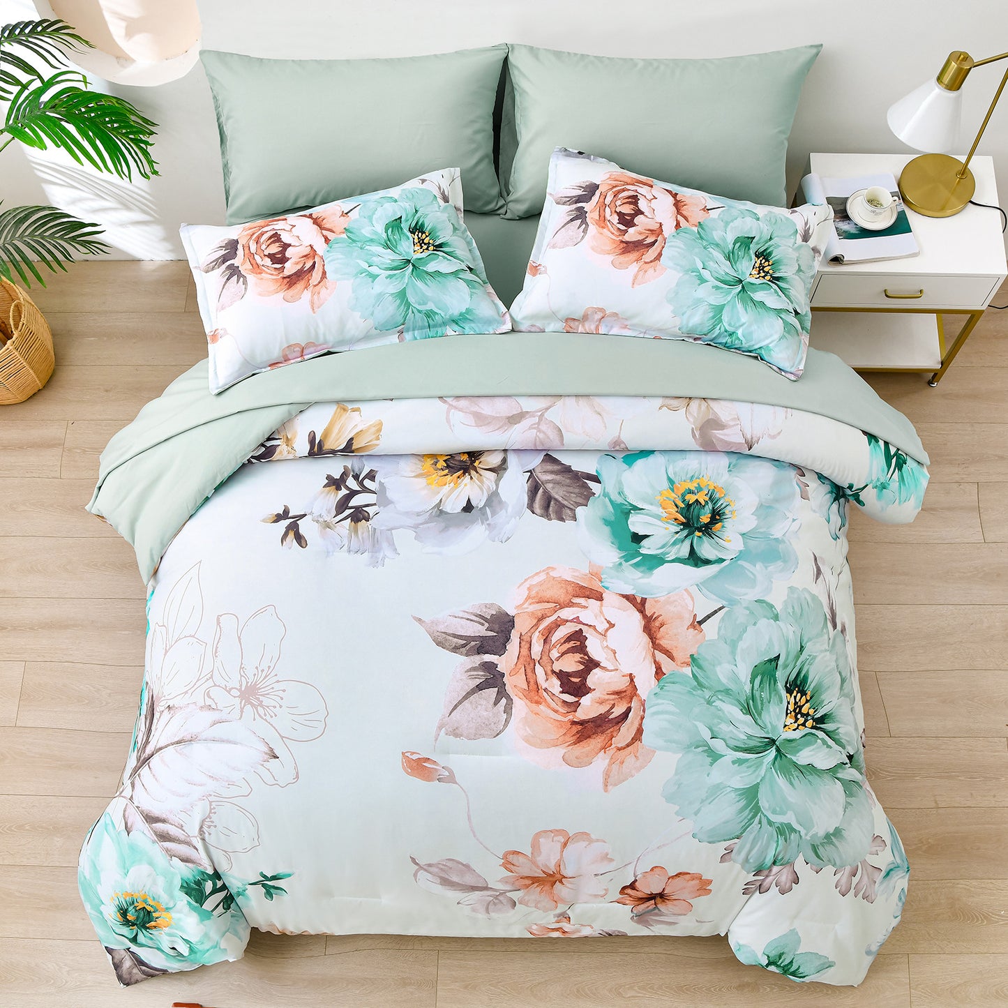 King Size Warm Floral Comforter Set Cozy Quilted Bedding with Pillowcases