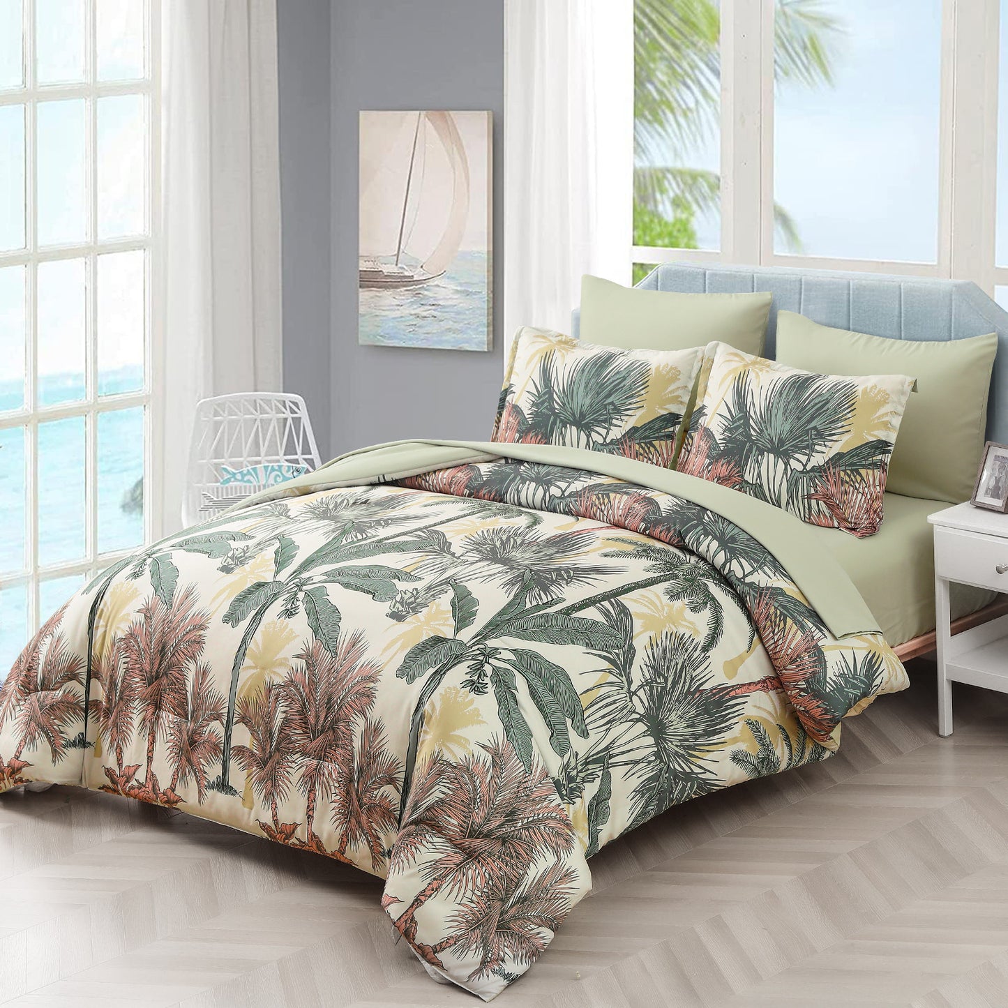 King Size Soft Floral Leaf Comforter Set Warm Quilted Bedding with Pillowcases