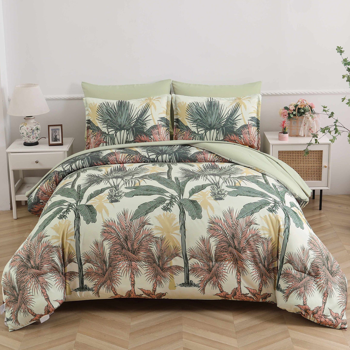 King Size Soft Floral Leaf Comforter Set Warm Quilted Bedding with Pillowcases