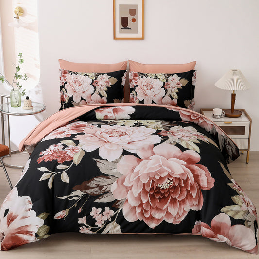 Soft Floral Comforter Set, King Size, Quilted Warm Bedding with Pillowcases