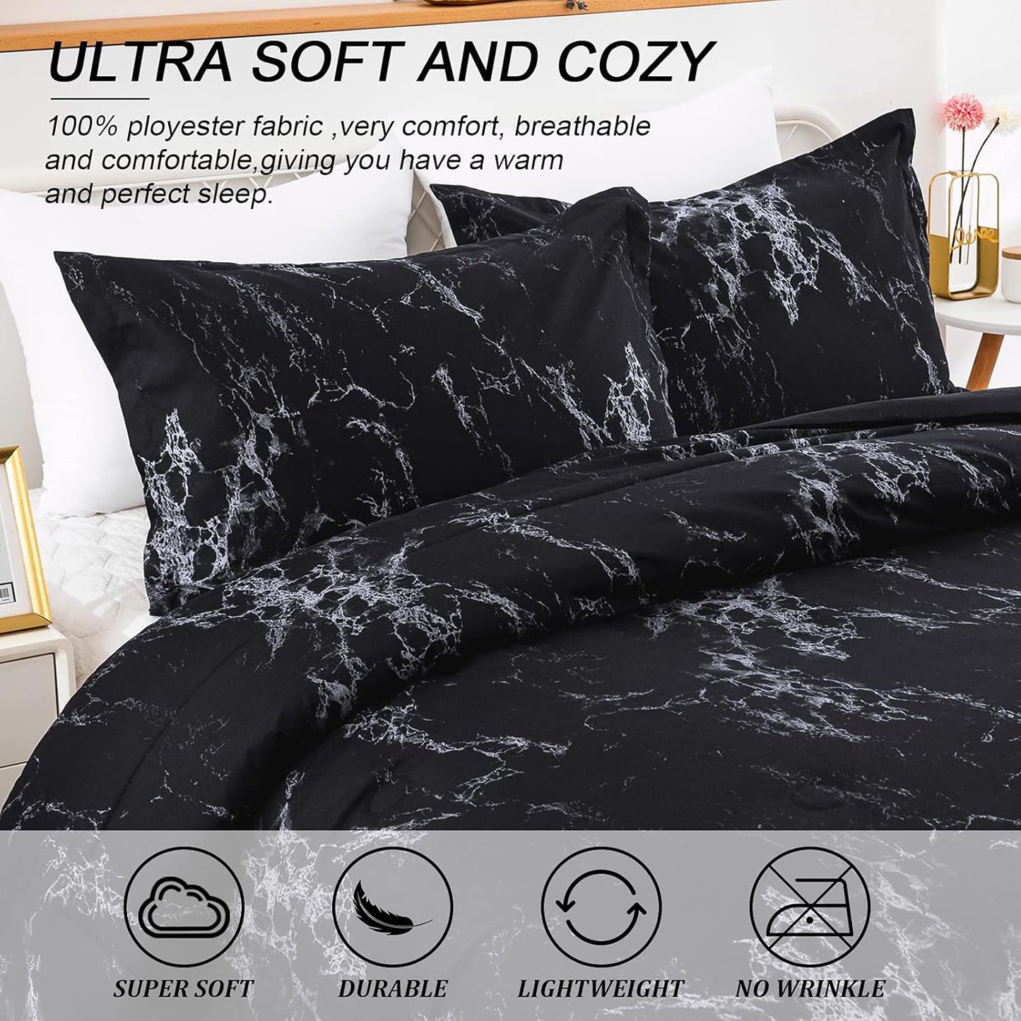 King Black Marble Comforter Set, Printed Bedding for All Seasons, Soft Microfiber 3-Piece