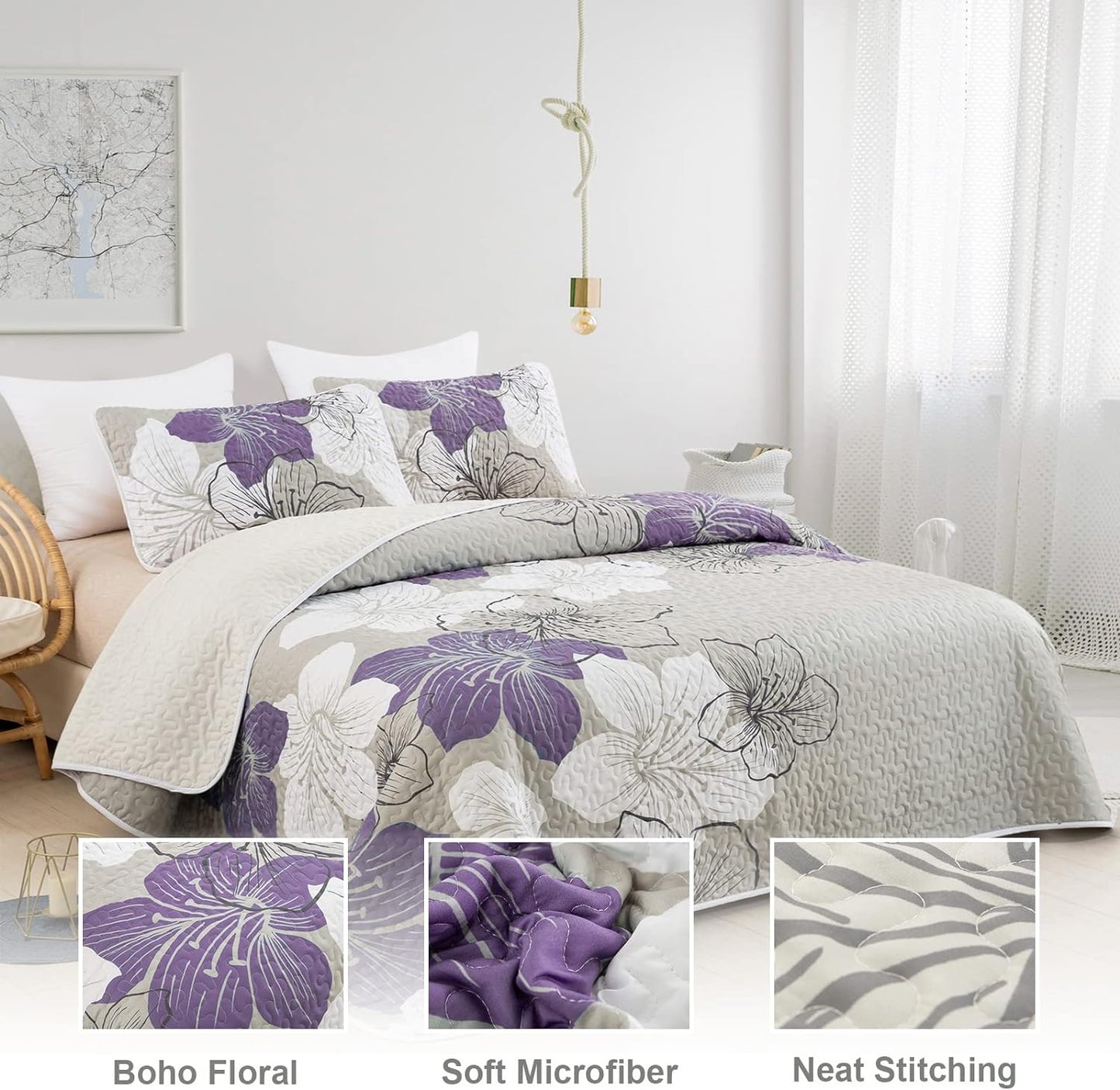 Quilted Bedspread & Pillowcases Set - Serene Enjoy Tranquil Comfort - Queen