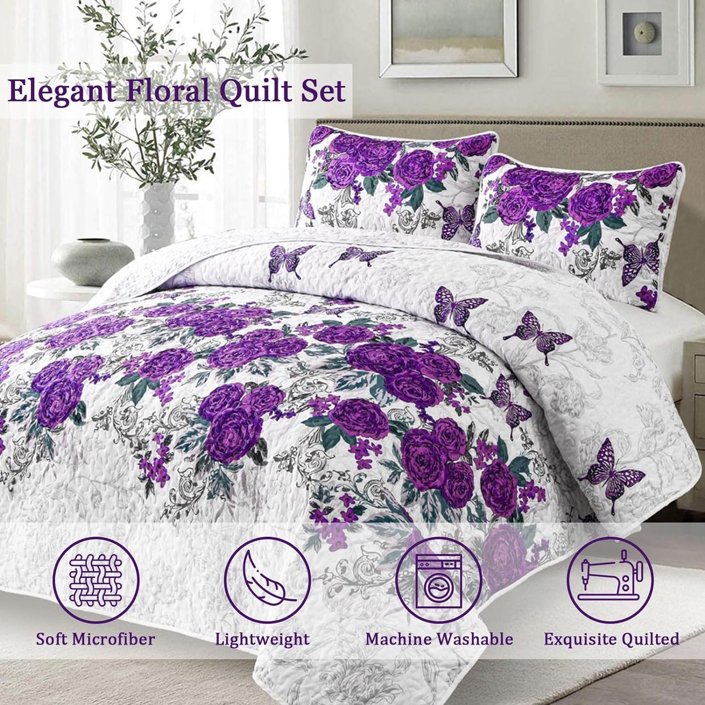 Quilted Coverlet & Pillowcases Set - Eclectic Add Unique Flair - Queen