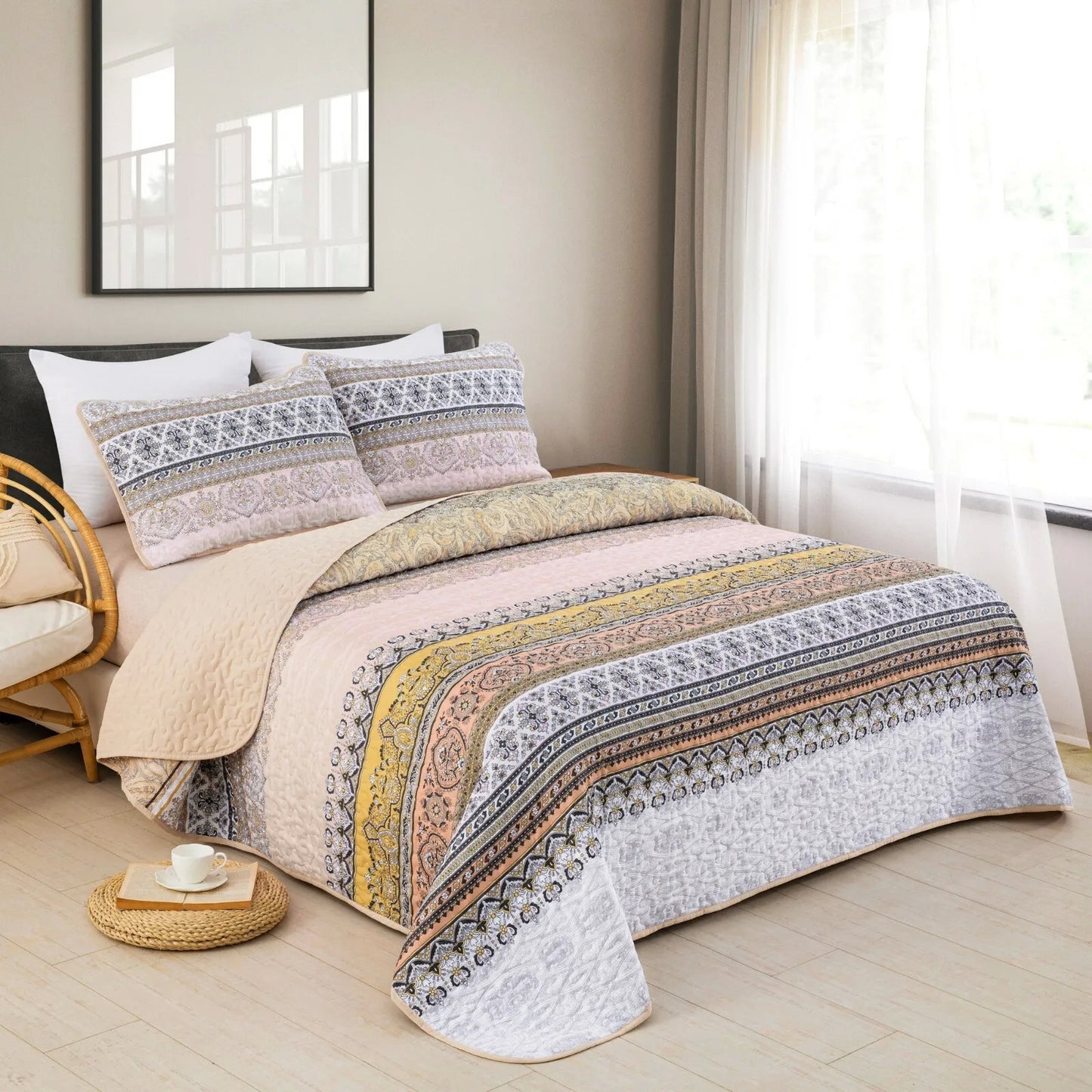 Quilted Bedspread & Pillowcases Set - Crafted Skilled Craftsmanship - Queen