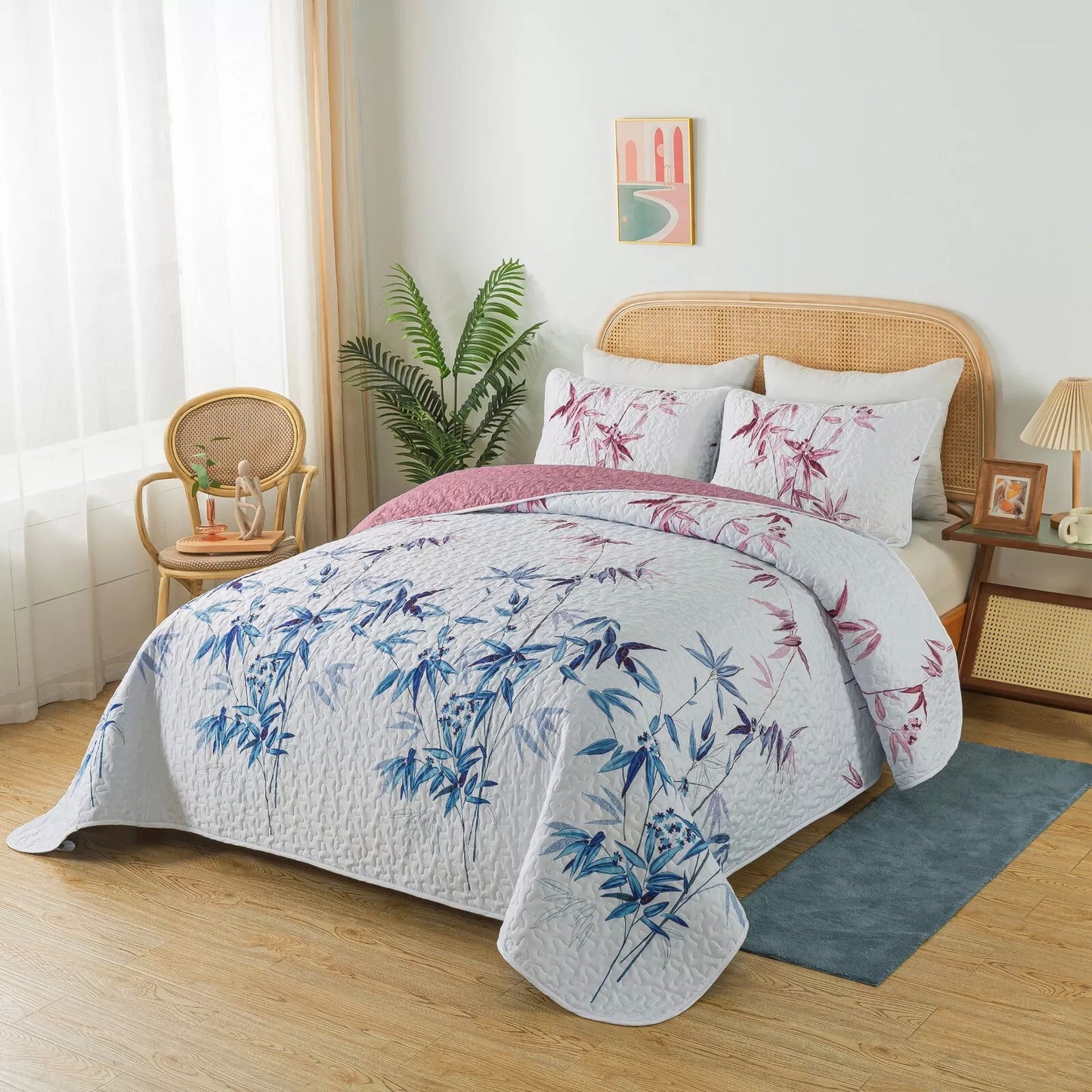 Quilted Bedspread & Pillowcases Set - Floral Embrace Nature Indoors - Queen