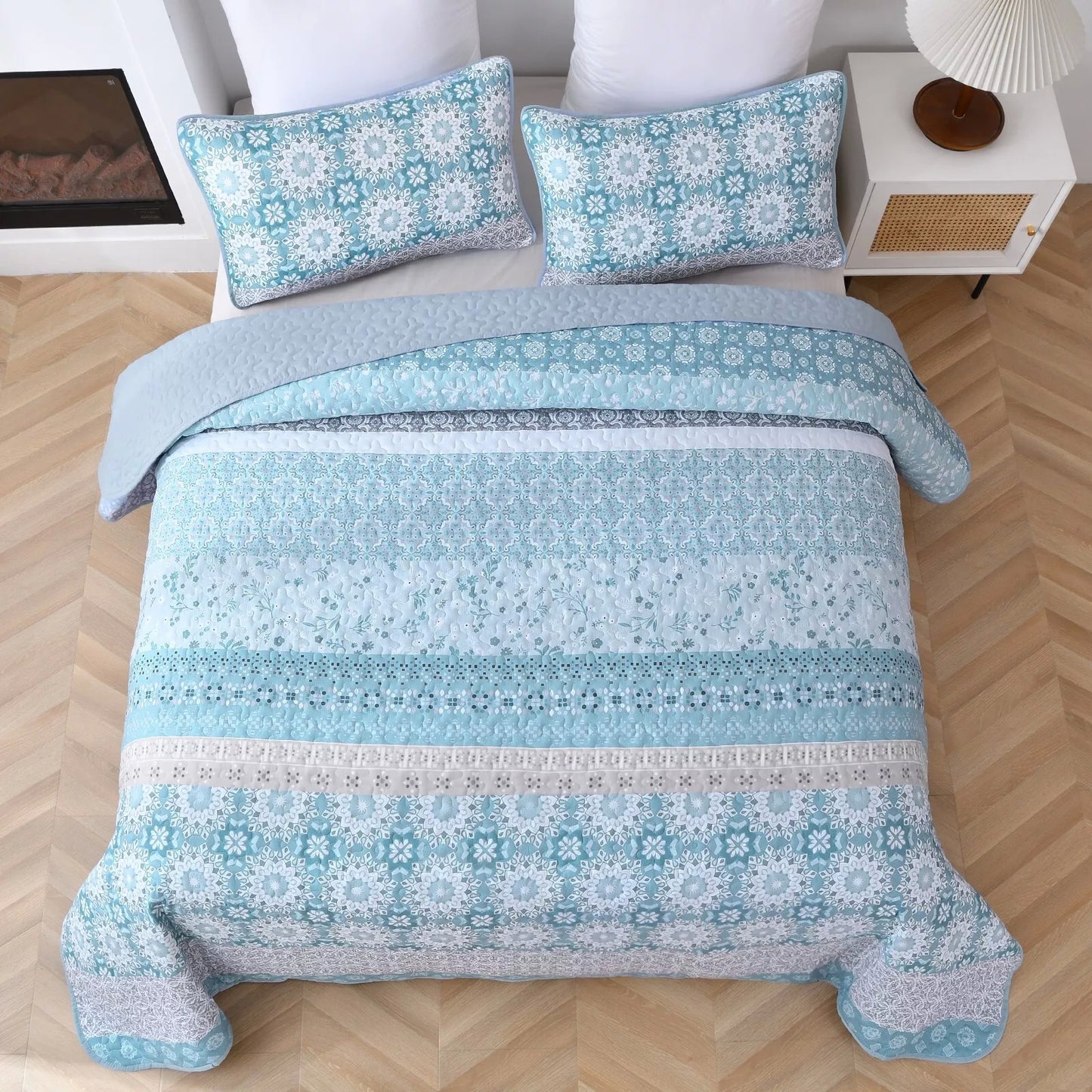 Quilted Coverlet & Pillowcases Set - Peaceful Relax & Unwind - Queen