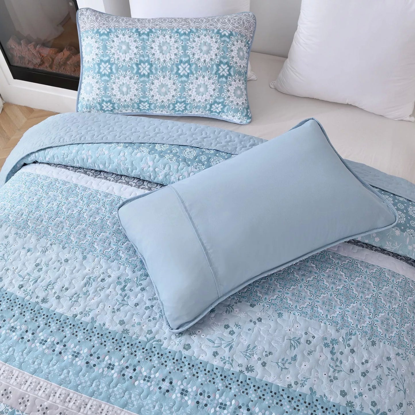 Quilted Coverlet & Pillowcases Set - Peaceful Relax & Unwind - Queen