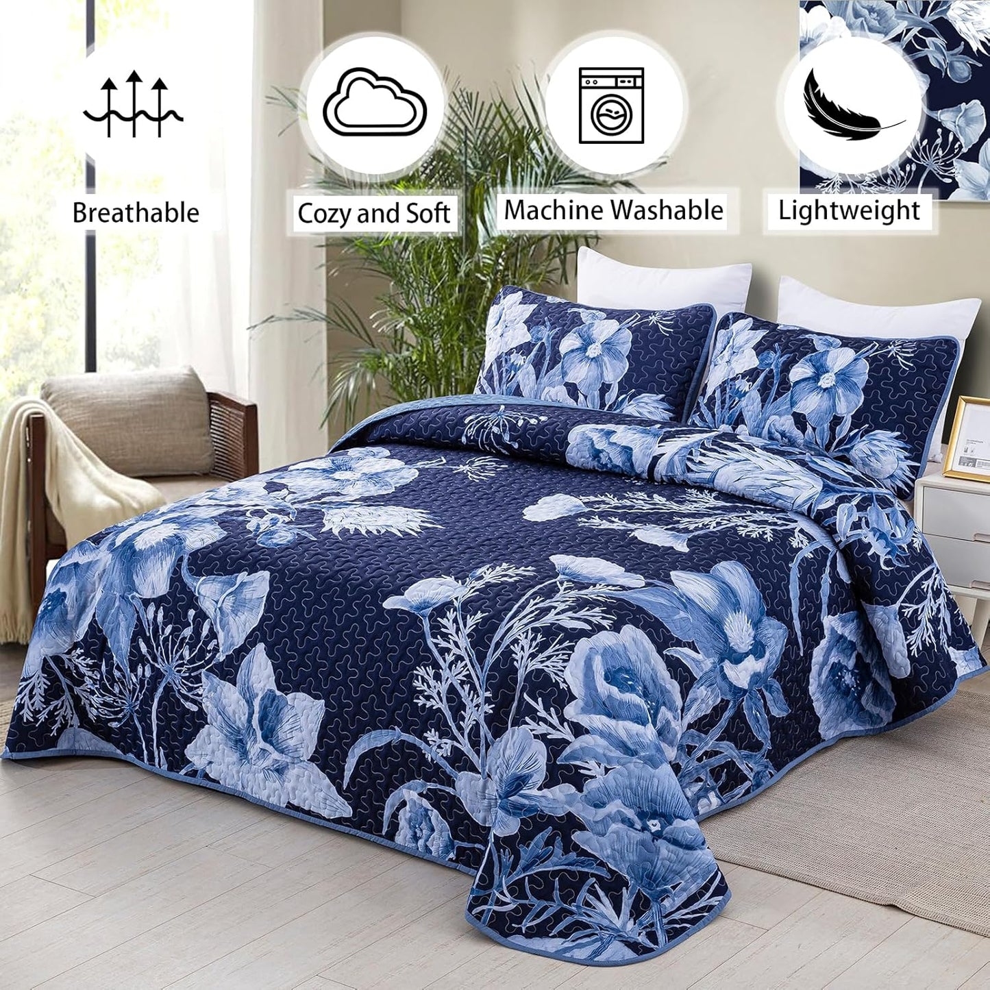 Quilted Coverlet & Pillowcases Set - Vibrant Eye-Catching Design - Queen