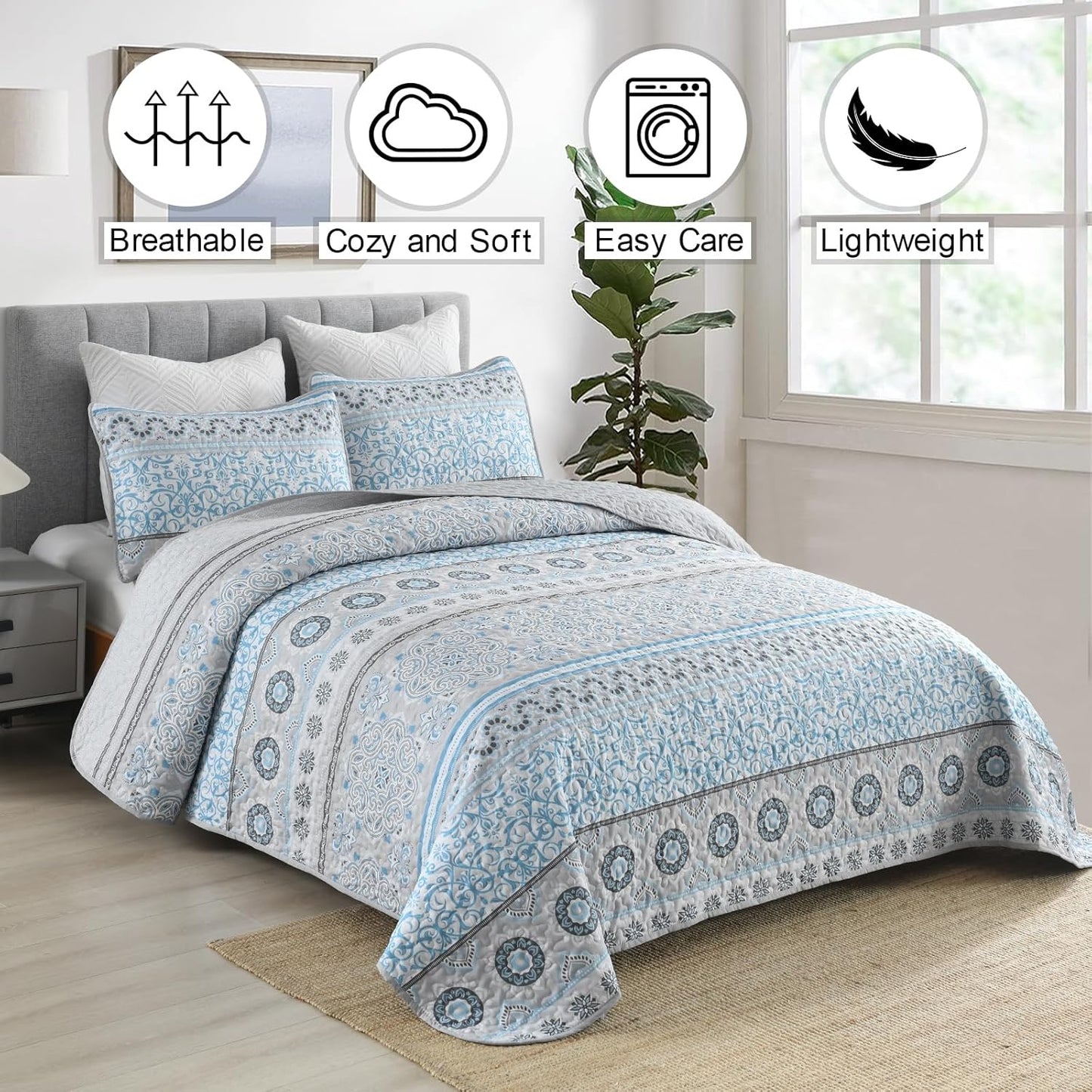 Quilted Coverlet & Pillowcases Set - Joyful Brighten Up Your Bedroom - Queen