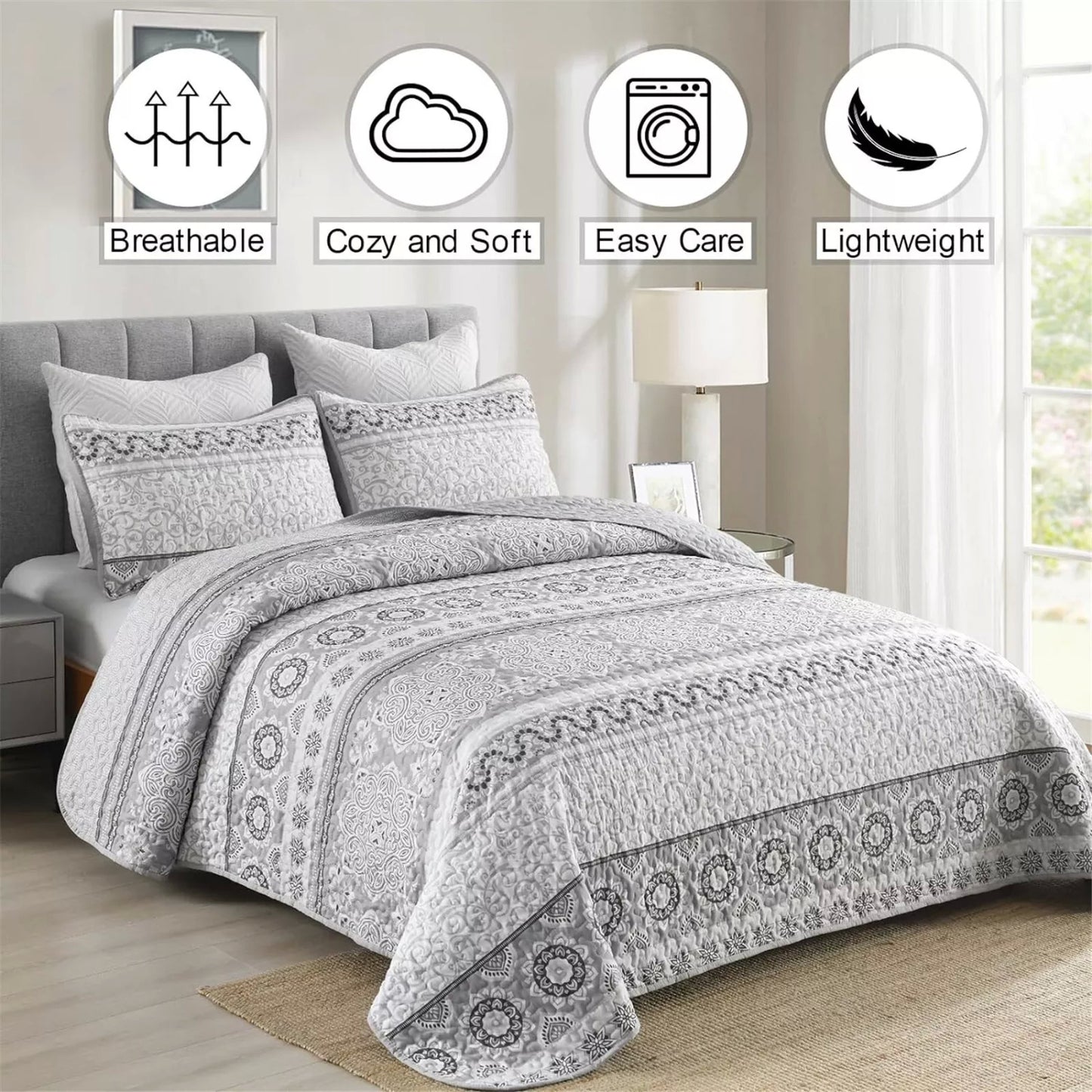 Quilted Coverlet & Pillowcases Set - Striking Make a Bold Impact - Queen