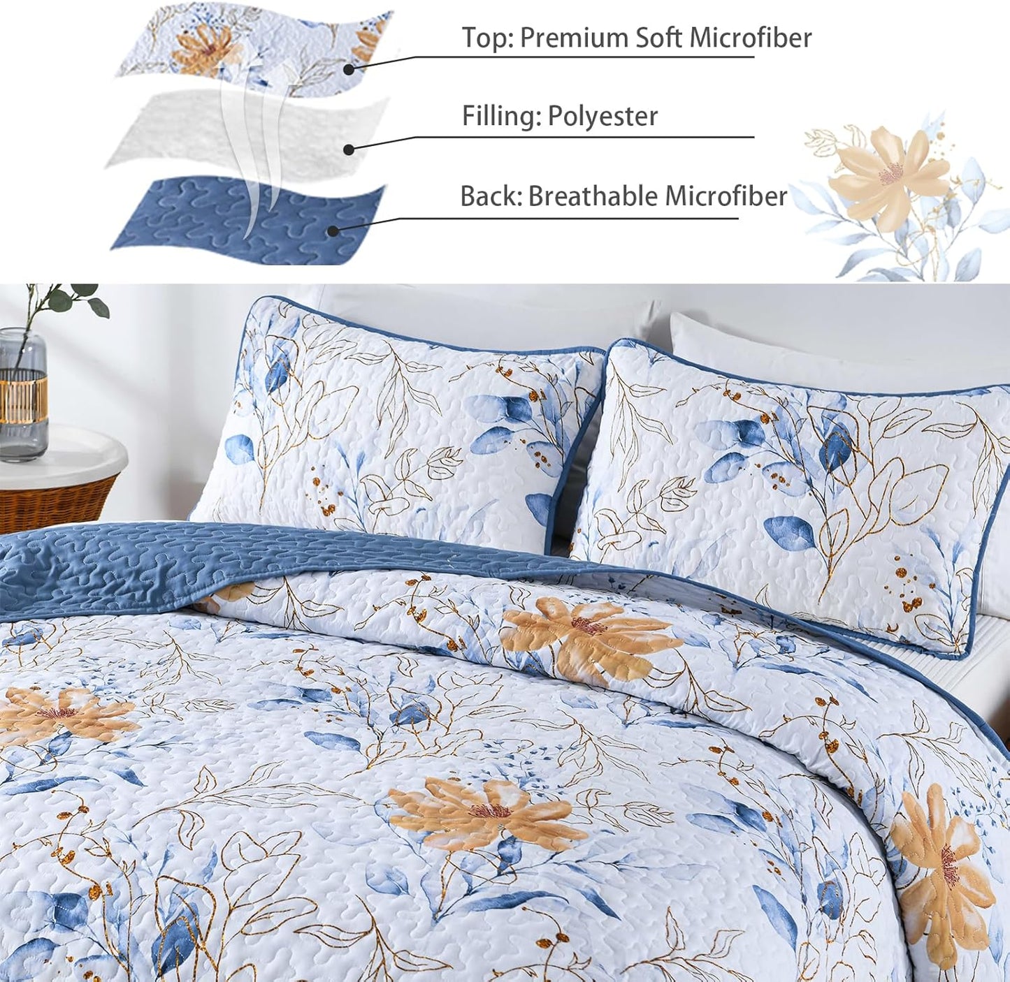 Quilted Coverlet & Pillowcases Set - Quietude Perfect for Relaxation - Queen