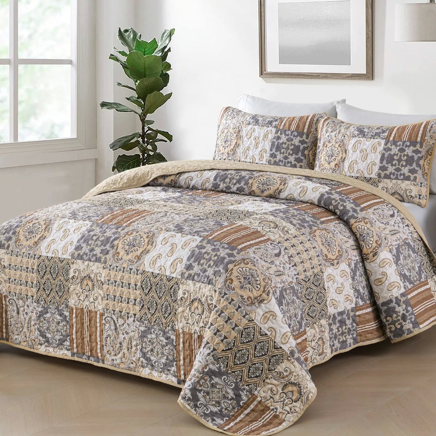 Quilted Coverlet & Pillowcases Set - Quietude Perfect for Relaxation - Queen