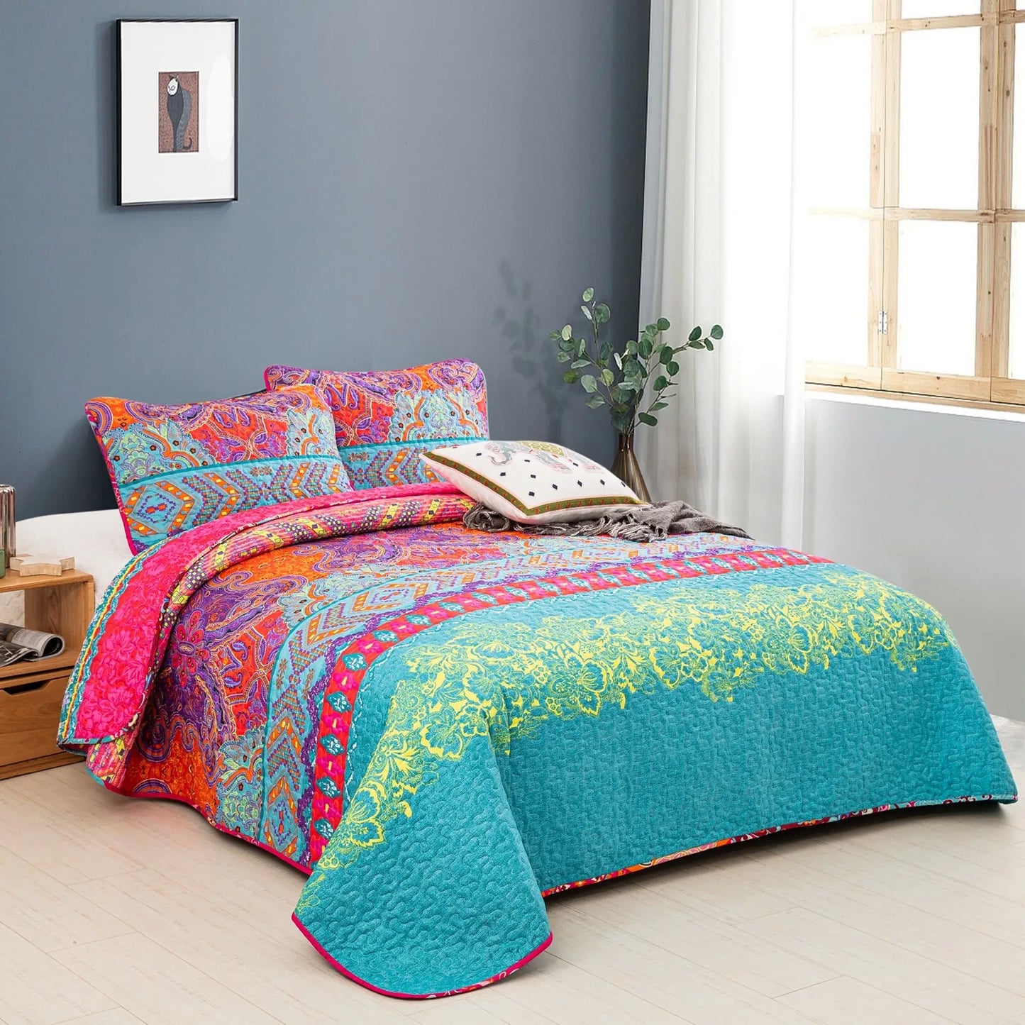 Quilted Bedspread & Pillowcases Set - Colorful Add a Splash of Color - Queen