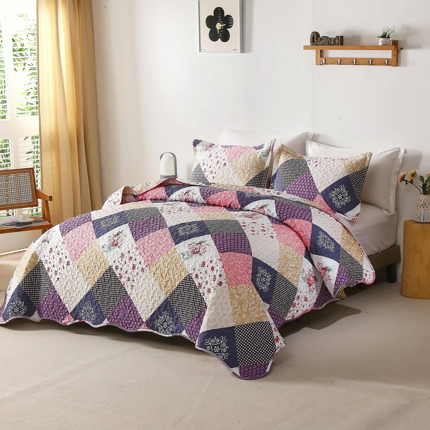 Quilted Coverlet & Pillowcases Set - Intricate Attention to Detail - Queen